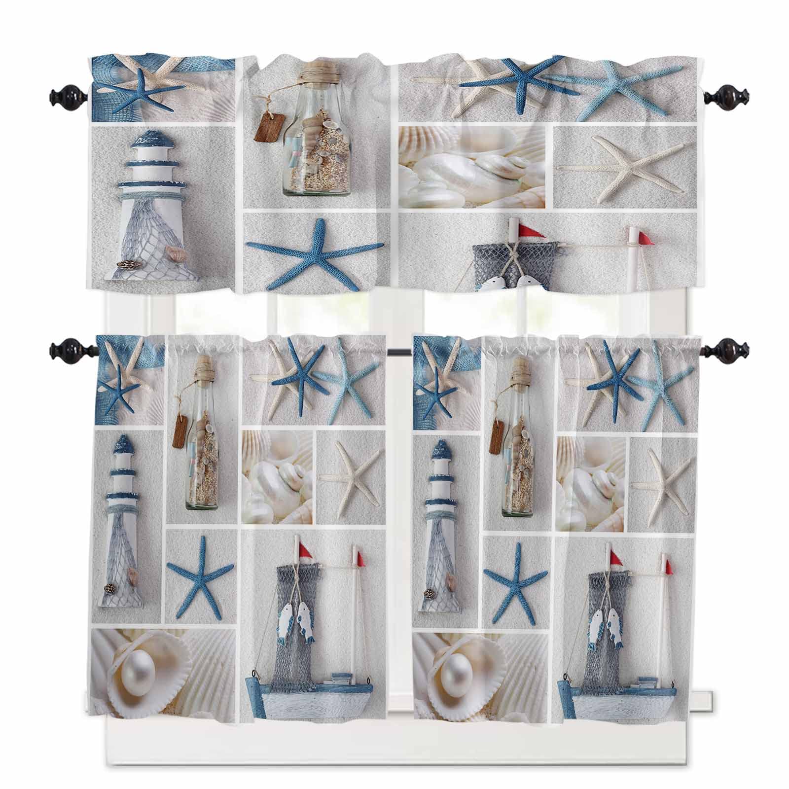 Chucoco 3-Piece Kitchen Curtain Set with Rod Pocket - Nautical Starfish Lighthouse Sailboat Design for Small Windows | Perfect for Beach House Decor & Coastal Themed Kitchens