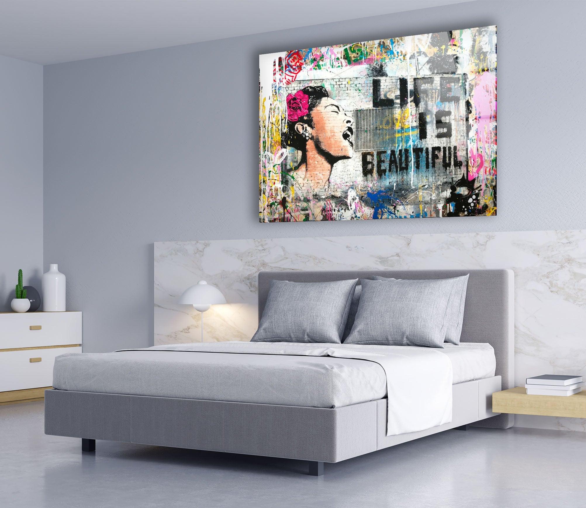 Banksy Life is Beautiful Glass Wall Art - Modern Home Decor for Living Room, Bedroom & Office - Unique Street Art Inspired Glass Print