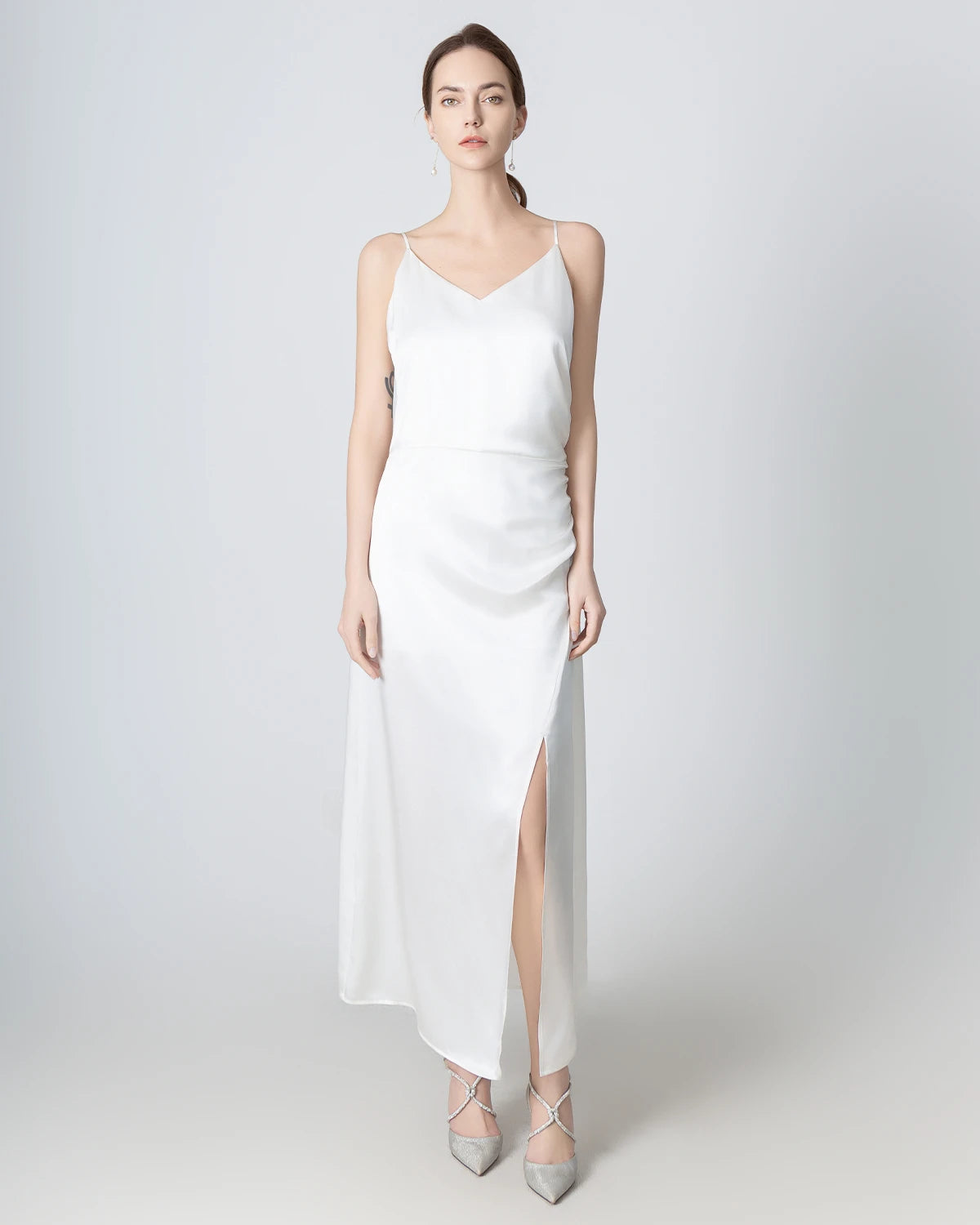 Elegant V-Neck Pleated Slit Maxi Silk Dress for Women - Perfect for Weddings, Parties & Evening Events