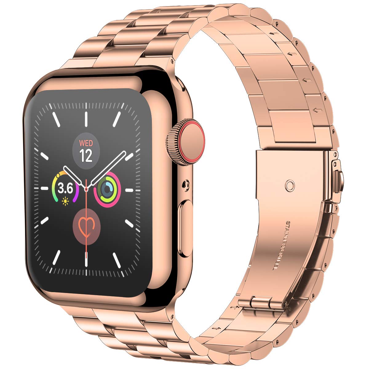 iiteeology Compatible Apple Watch Band 44mm for Series 6/5/4/SE - Premium Stainless Steel Strap with Screen Protector Case (Rose Gold) - Perfect for Workouts, Office & Everyday Wear for Men & Women