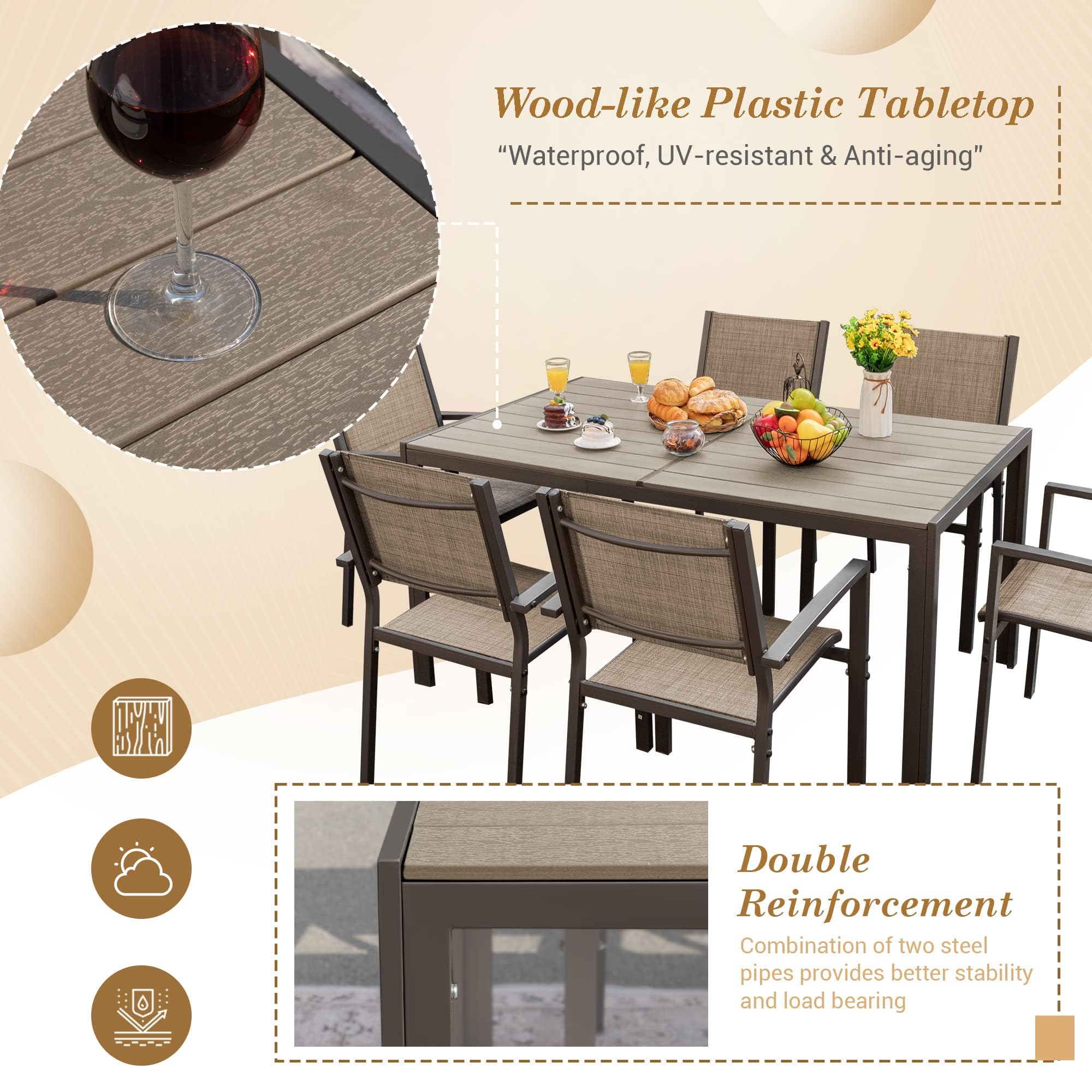 **Flamaker 7-Piece Patio Dining Set - Outdoor Metal Frame Furniture with 6 Textilene Chairs & Rectangular Table - Perfect for Backyard, Lawn, Garden, and Poolside Gatherings (Brown)**