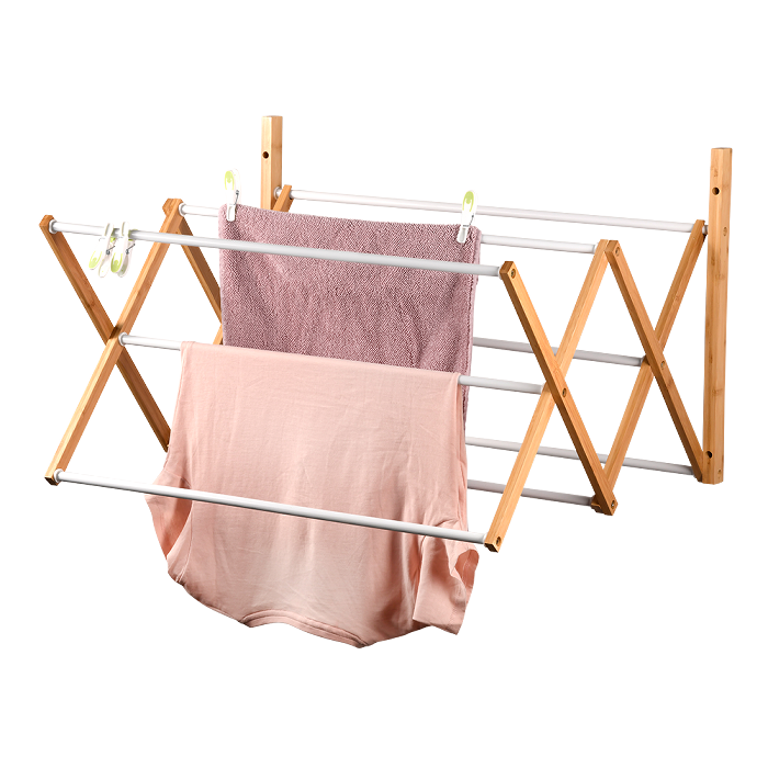 Foldable Wall Mounted Clothes Dryer Rack - Bamboo & Metal Drying Rack for Laundry - Space Saving Clothesline for Apartments, Balconies & Small Spaces