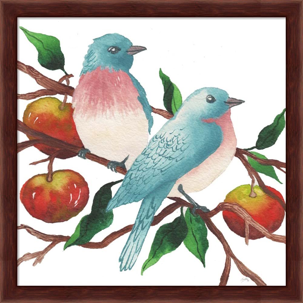 Birds and Apples by Elizabeth Medley - Framed Art Print Wall Picture in Deep Mahogany, 13x13 Inches - Perfect for Living Room, Bedroom & Office Decor