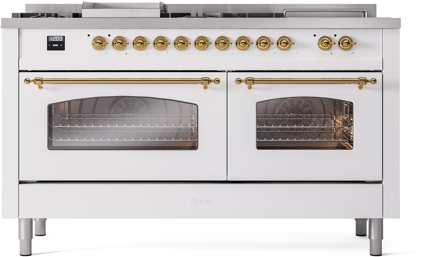 ILVE Nostalgie II 60-Inch Dual Fuel Natural Gas Range with Brass Trim - White (UP60FSNMPWHG) | Professional Italian Kitchen Appliance for Home Chefs & Gourmet Cooking
