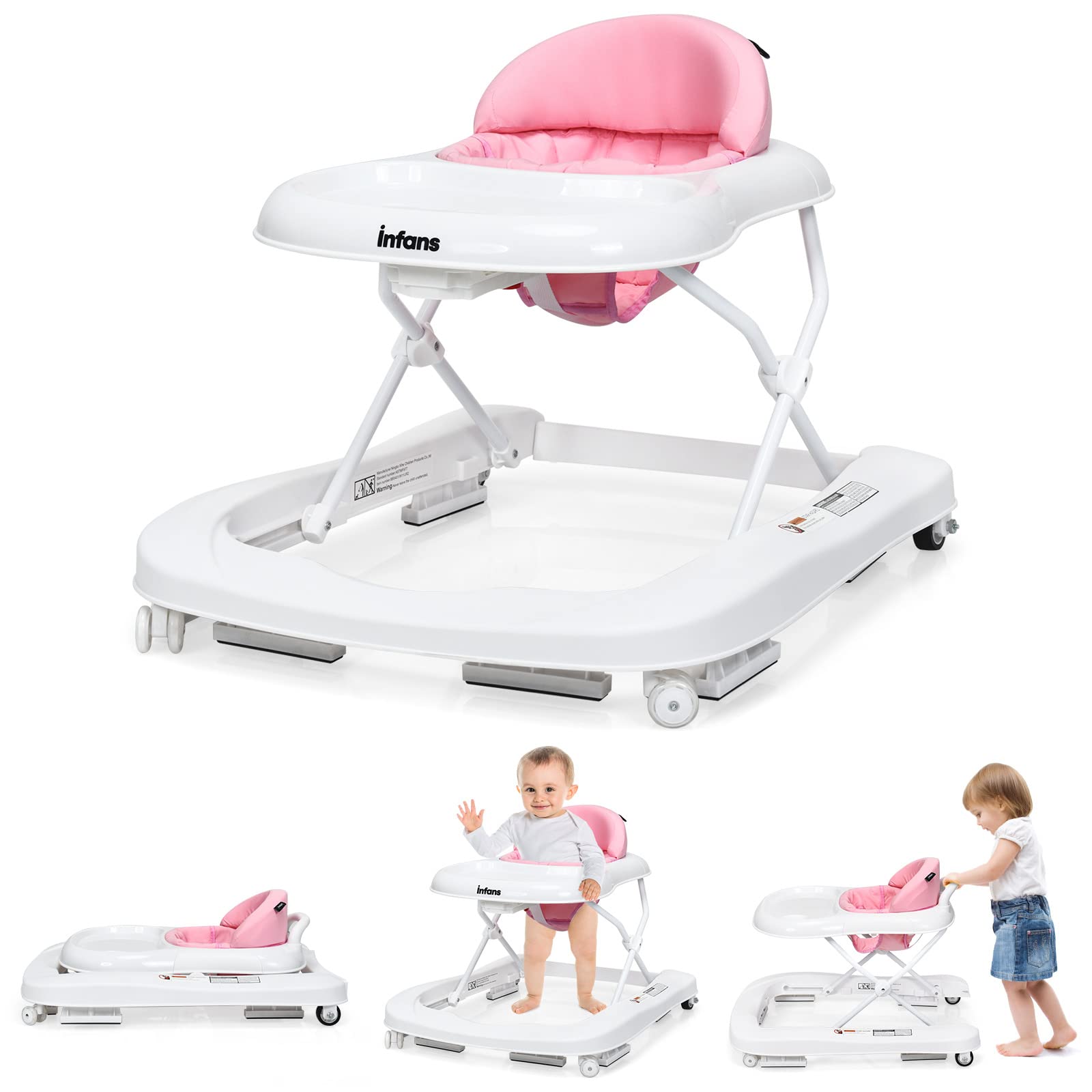 INFANS 3-in-1 Foldable Baby Walker with Adjustable Speed Wheels & Safety Bumper - Convertible Learning Walker, Push Walker & Seat for Toddlers Boys Girls (Pink) - Perfect for Home Playtime & Early Walking Development