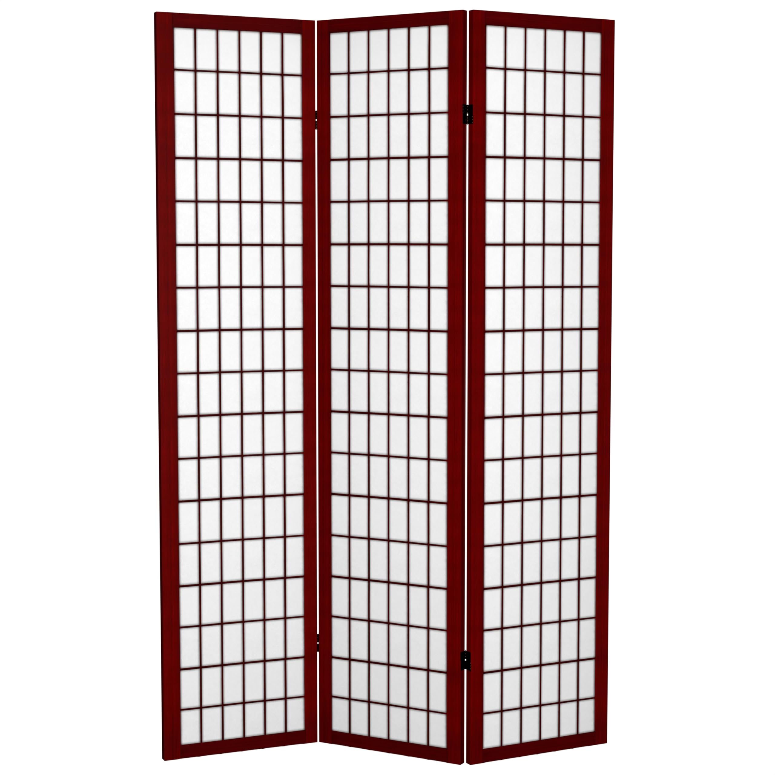 6 ft Tall Red Lantern Canvas Window Pane Rosewood Room Divider - 3 Panel Folding Privacy Screen for Living Room, Bedroom & Office Partition