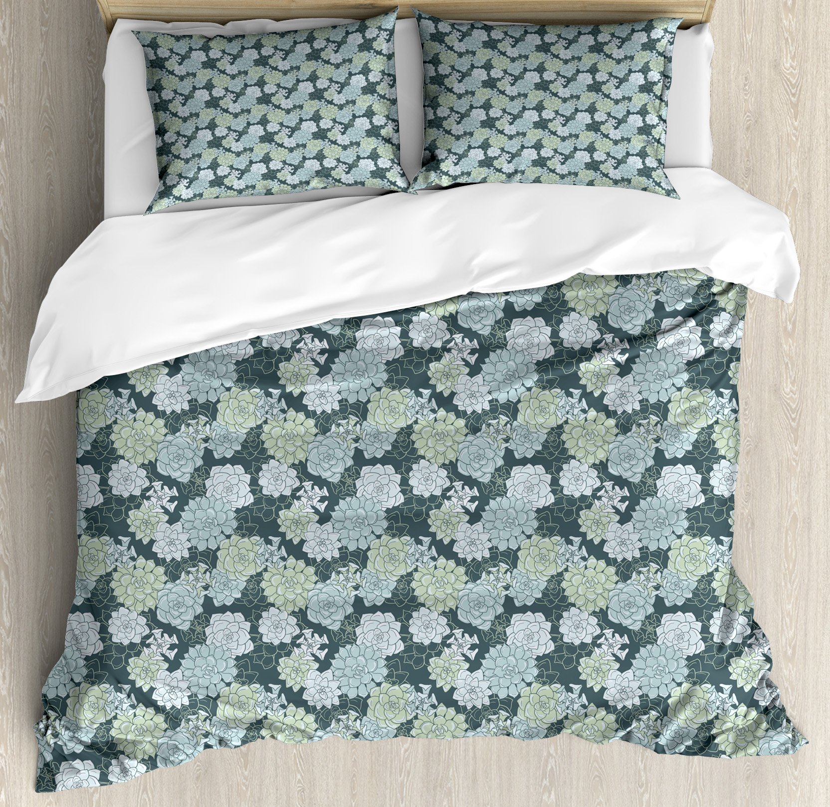 Ambesonne Succulent Duvet Cover Set - King Size 3-Piece Bedding with Abstract Hand-Drawn Cactus & Flower Pattern in Sage Green | Soft Breathable Fabric for Modern Bedroom Decor, Guest Room & Bohemian Style Homes