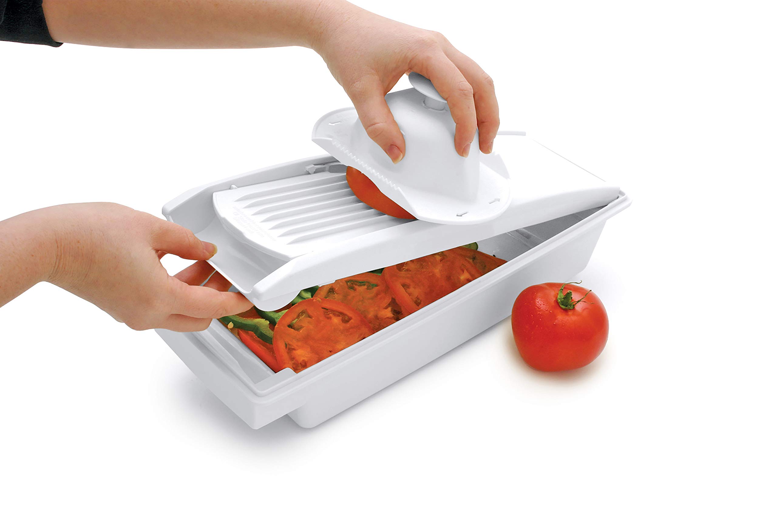 Swissmar V-Prep™ Mandoline Slicer - Professional Kitchen Tool for Julienne, Shred, Cube & Slice Vegetables - Multi-Function Bowl & Safety Holder Included - White - Perfect for Meal Prep, Salad Making & Healthy Cooking