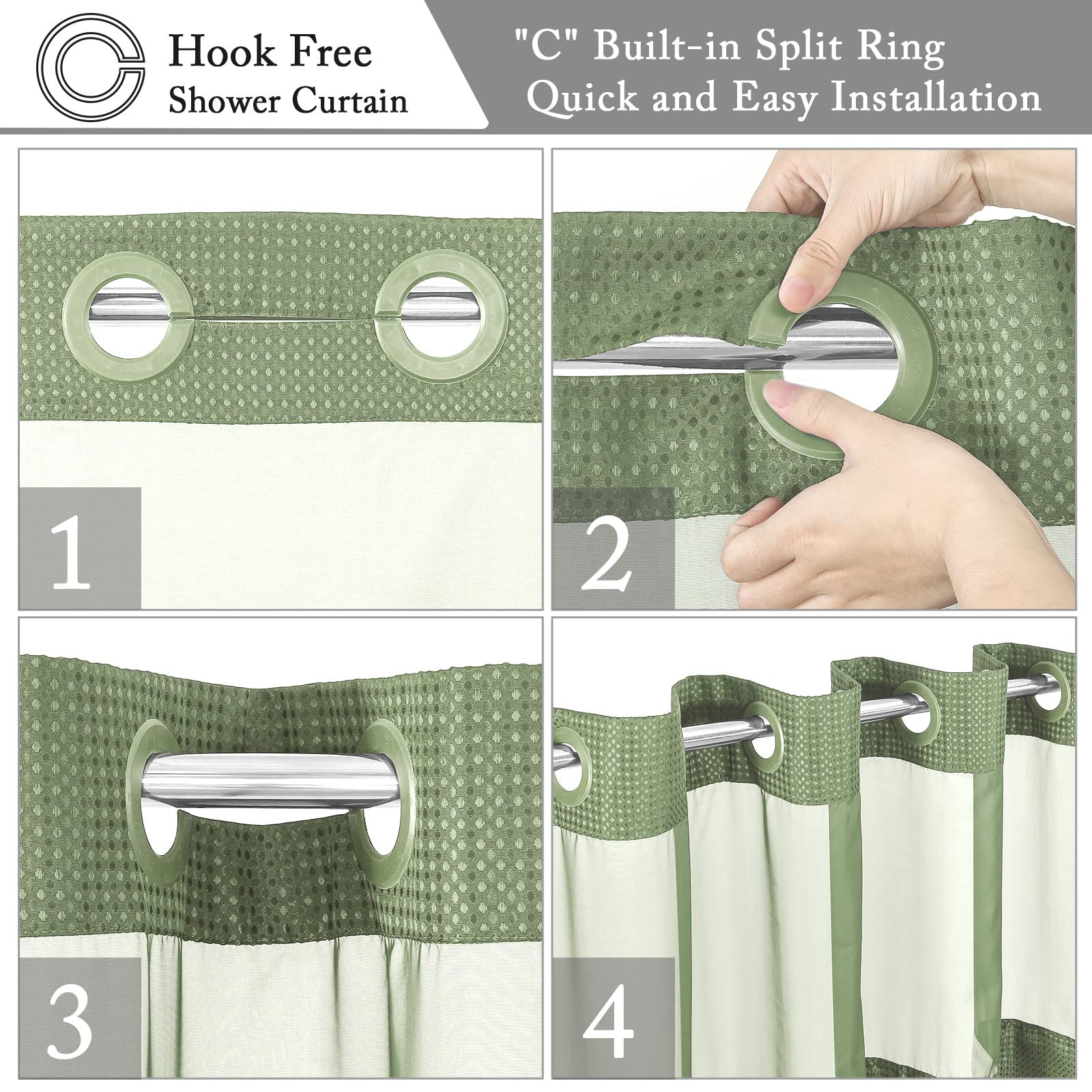 Gibelle No Hook Waffle Weave Shower Curtain with Snap-in Fabric Liner Set - Waterproof & Washable Bathroom Shower Curtain with Mesh Top Window, Hotel Style, Sage Green, 72x74 - Perfect for Bathrooms, Guest Rooms & Spa Retreats