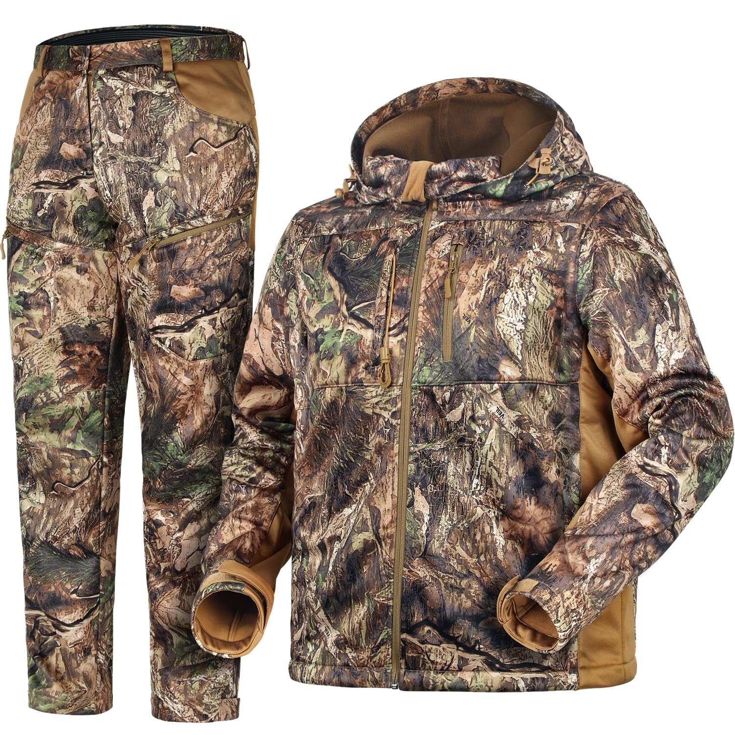 Silent Hunting Jacket and Pants Set for Men - Warm Fleece Lined Camo Hunting Gear for Cold Weather - Perfect for Deer Hunting, Duck Hunting & Outdoor Adventures