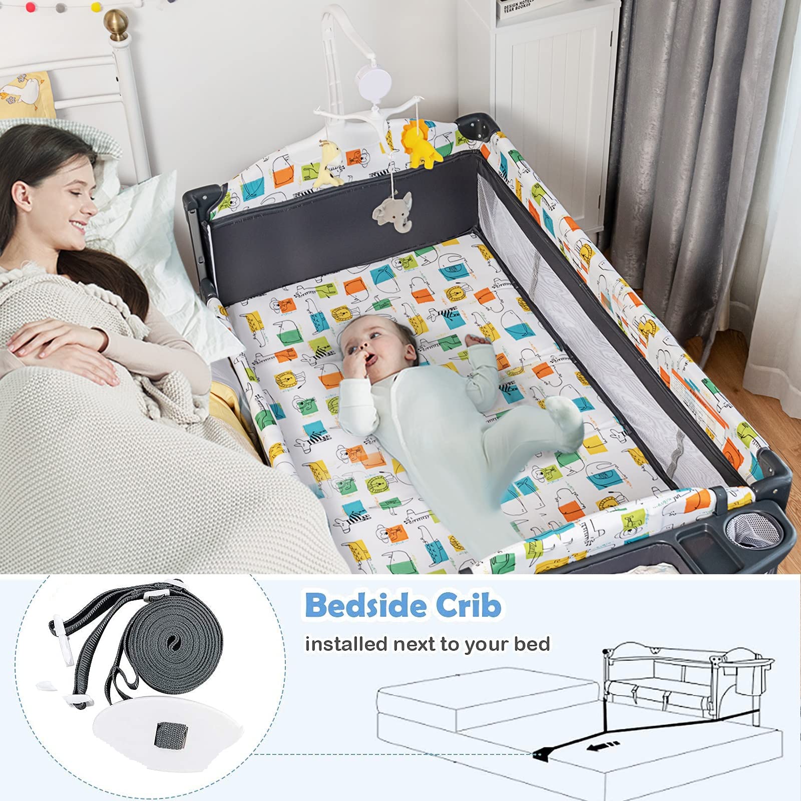 BABY JOY 5-in-1 Pack and Play with Bassinet | Portable Baby Bedside Sleeper & Playard for Newborn to Toddler | U-Shaped Diaper Changer, Safety Strap, Music Box & Hanging Toys | Perfect for Nursery, Travel & On-the-Go Parenting