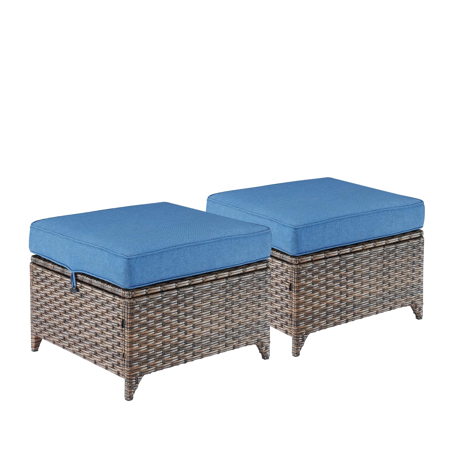 Heavy Duty Outdoor Wicker Ottomans - Weather-Resistant Rattan Footrest Stool for Porch, Balcony, Backyard, Deck & Apartment (Brown/Blue) - Perfect for Relaxing, Reading & Outdoor Entertaining