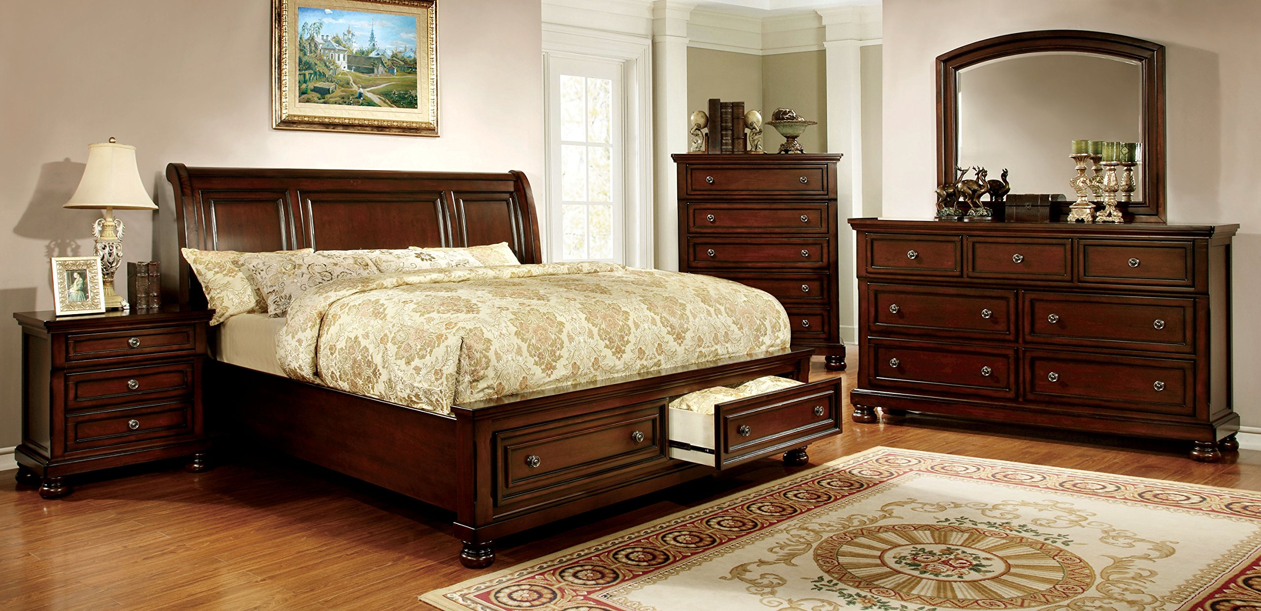 Furniture of America Kandara Queen Size Platform Bed with Storage in Cherry Finish – Perfect for Small Spaces & Modern Bedrooms