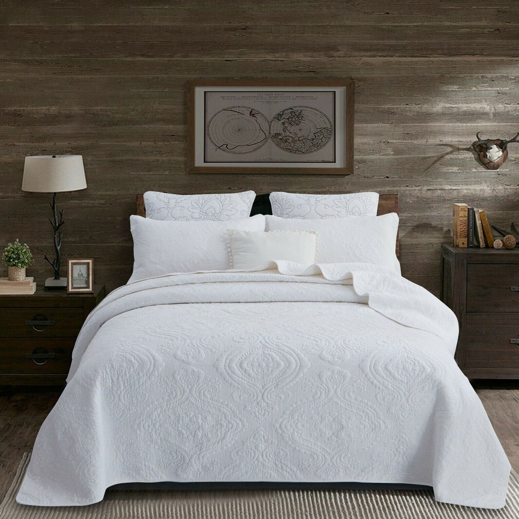 100% Cotton Damask Coverlet Set - Queen Size White Bedspread for Luxury Bedroom Decor | Perfect for Master Bedroom, Guest Room & Hotel