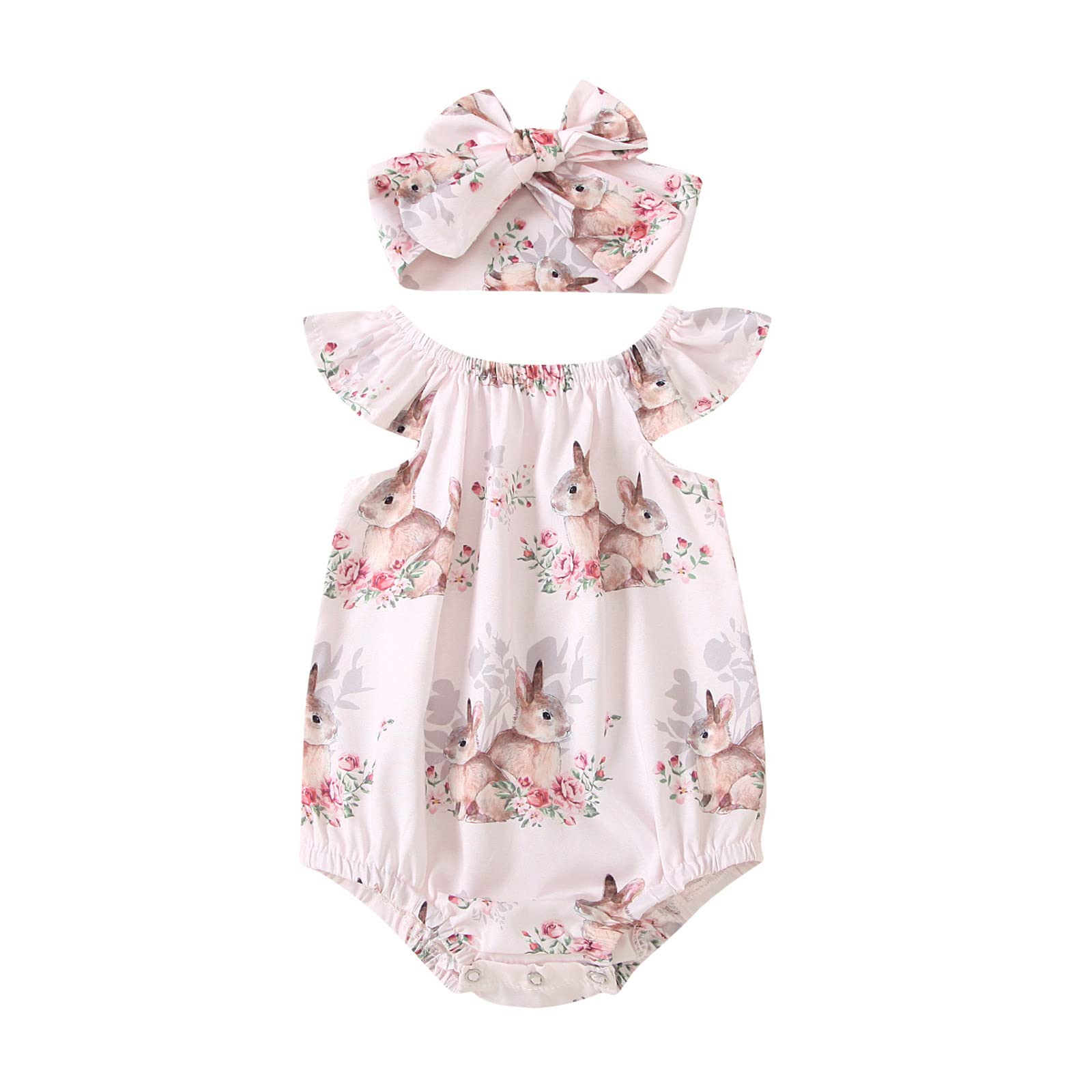 Lykmera Baby Girls Bunny Printed Romper Outfits & Headbands Set - Easter Infant Bodysuit & Daywear for Newborn Photoshoot, Holiday Celebration, Spring Outings