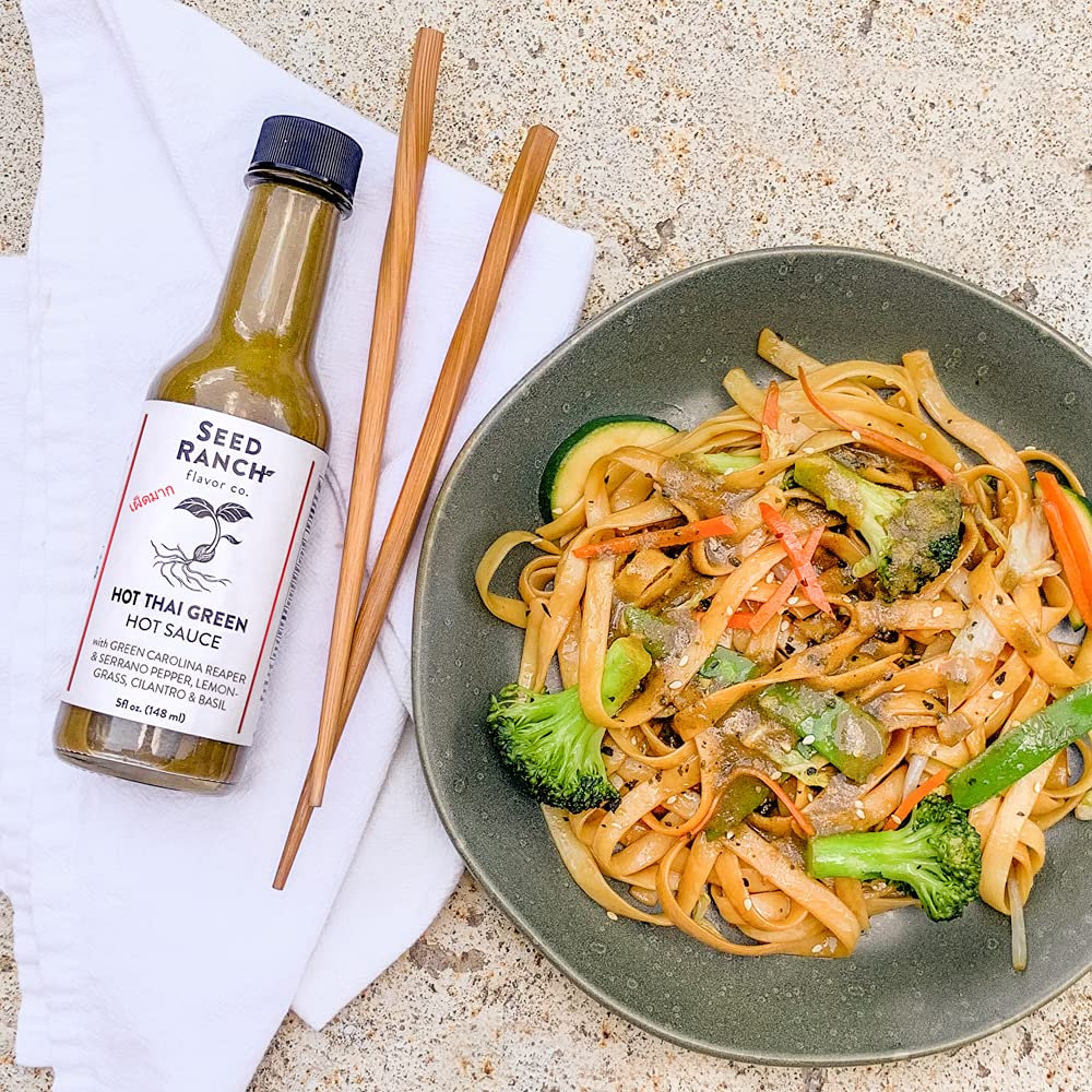 Seed Ranch Hot Thai Sauce - 5 Fl Oz | Spicy Green Carolina Reaper Pepper Sauce | Organic, Vegan, Non-GMO, Gluten-Free Gourmet Hot Sauce | Featured on Hot Ones | Perfect for Rice Bowls, Noodles, Breakfast & Protein Dishes | Adds Fiery Flavor to Asian Cuisine, Wings & Tacos