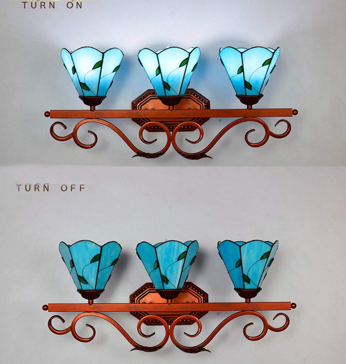 Tiffany Style Vanity Lights - 3-Light Wall Sconce with Mediterranean Blue Stained Glass for Makeup Mirror | Minimalist Bathroom Lighting & Bedroom Decor | Perfect for Dressing Rooms, Master Baths & Boudoir Vanity Areas