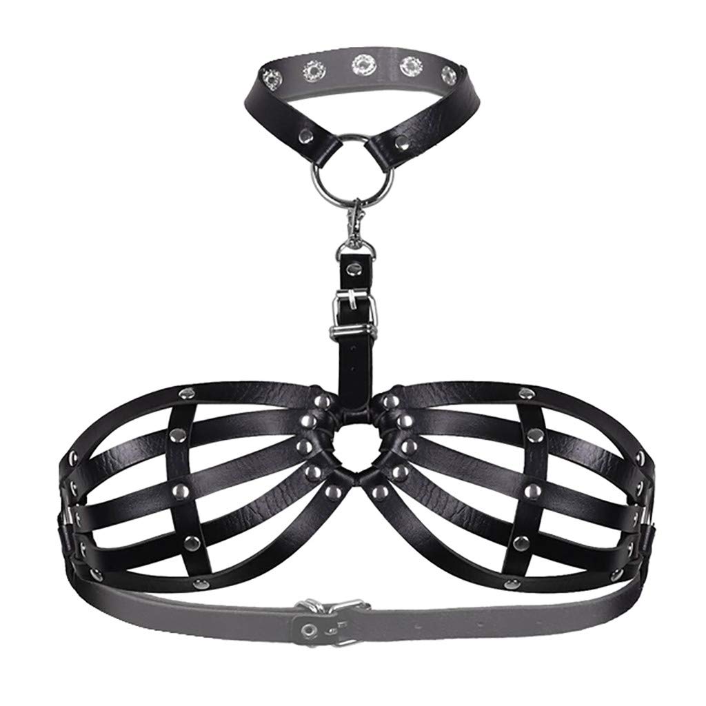 Black Leather Bondage Goth Lingerie Set for Women - Halter Neck Cage Bra & Matching Panties - Sexy BDSM Outfit for Halloween, Fetish Parties & Boudoir Photography