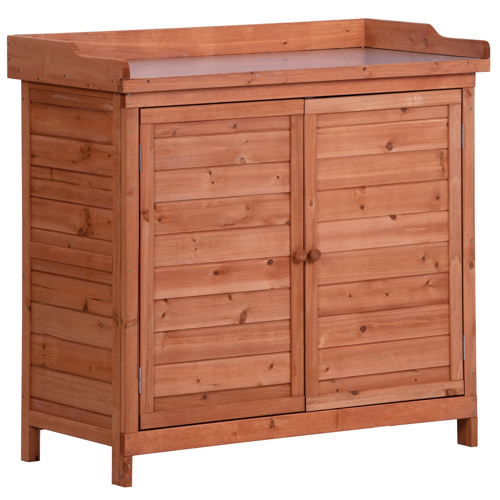 Waterproof Outdoor Wooden Storage Cabinet with Potting Bench - Rustic Garden Shed Organizer with Shelves & Hooks - Durable Fir Wood Construction (Orange) - Perfect for Backyard, Patio, and Gardening Tool Storage