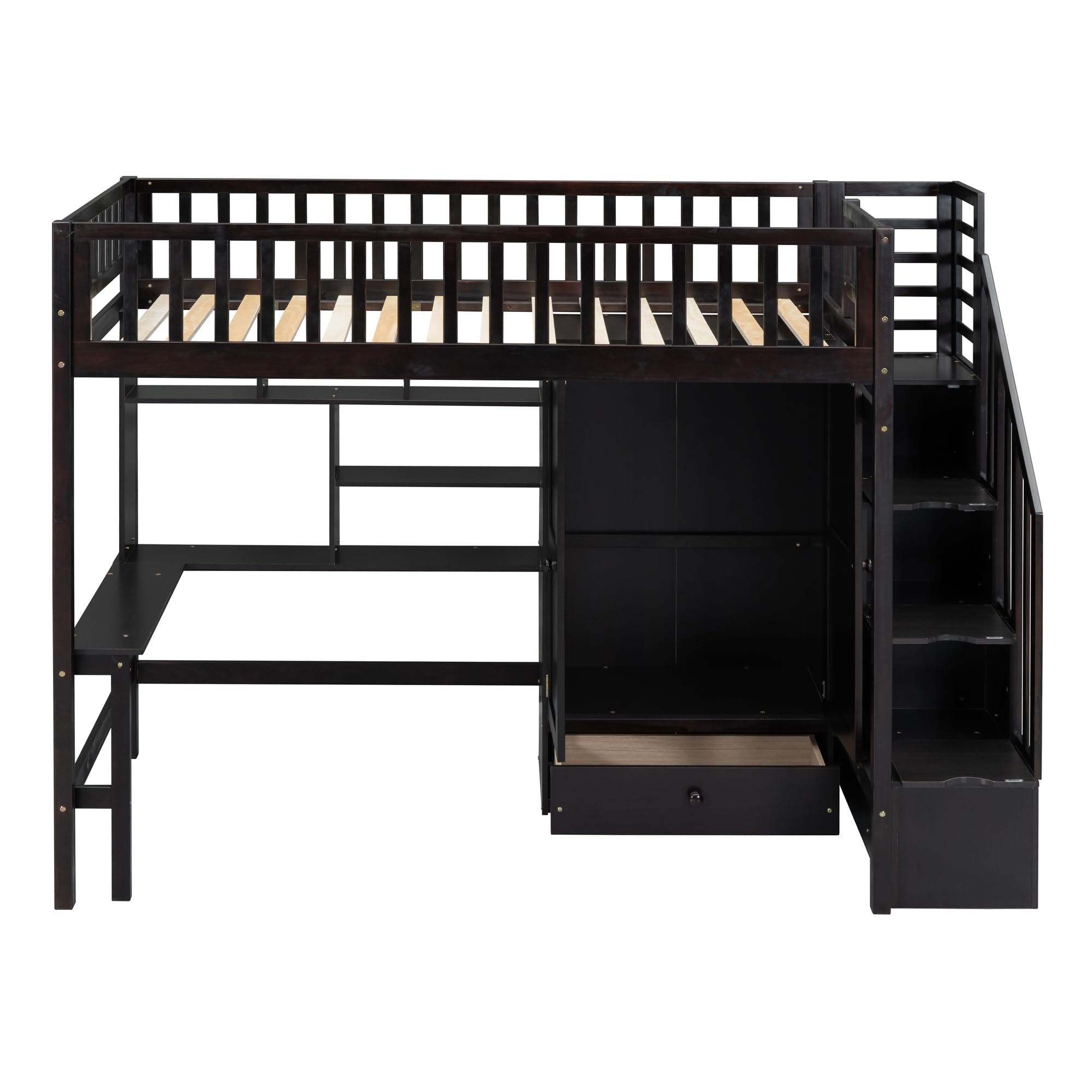 Espresso Twin Loft Bed with Staircase, Desk & Wardrobe - Wooden Storage Loft Bed with Safety Guardrail for Kids, Teens - Space-Saving Study & Sleep Solution for Small Bedrooms
