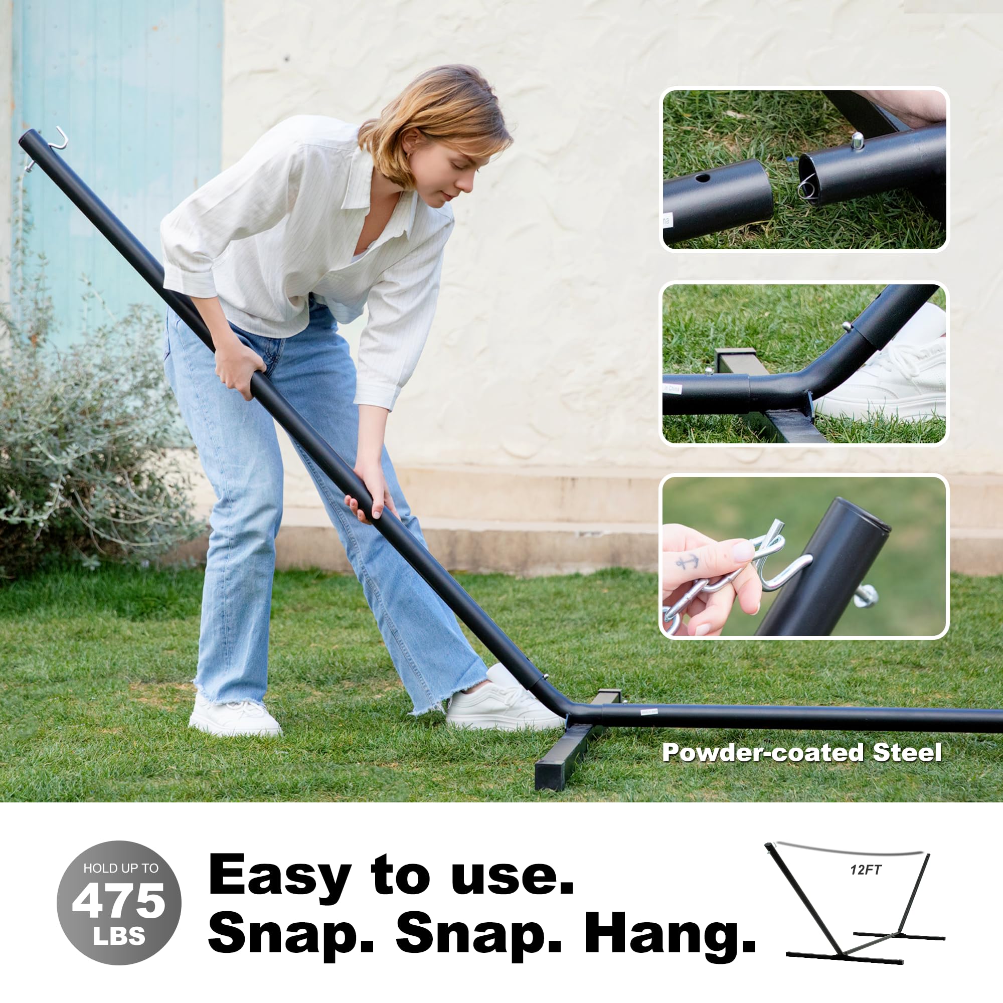2 Person Hammock with Stand - 12ft Heavy Duty Steel Frame, Double Quilted Outdoor Hammock with XL Removable Pillow & Side Pockets - Indoor/Outdoor Use for Backyard, Camping, Beach - Supports 475 lbs (Peace Dove)