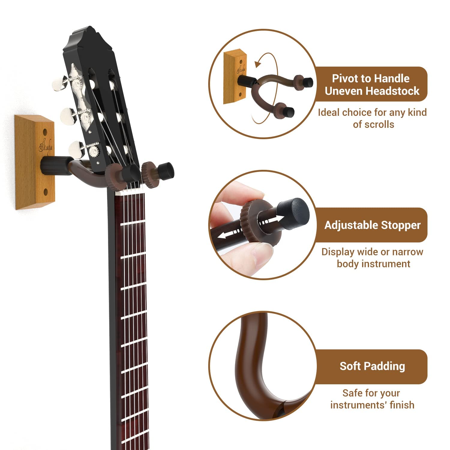 Ohuhu 2-Pack Rotatable Hardwood Guitar Wall Hanger with Screws - Adjustable Stopper Hook Holder for Acoustic, Electric Guitar, Bass, Banjo, Ukulele & Mandolin - Perfect for Home, Studio & Music Room Organization (Natural Wood)