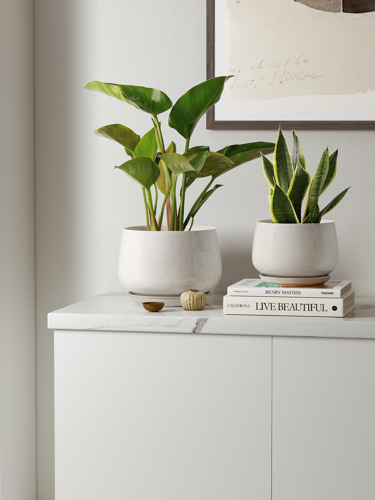 LE TAUCI Ceramic Plant Pots Set of 3 (4.1/5.1/6.5 inch) with Drainage Holes & Saucers - Indoor Flower Planters with Mesh Pads, Reactive Glaze Beige - Perfect for Home Decor, Gardening Gifts for Mom, Housewarming & Office Plants