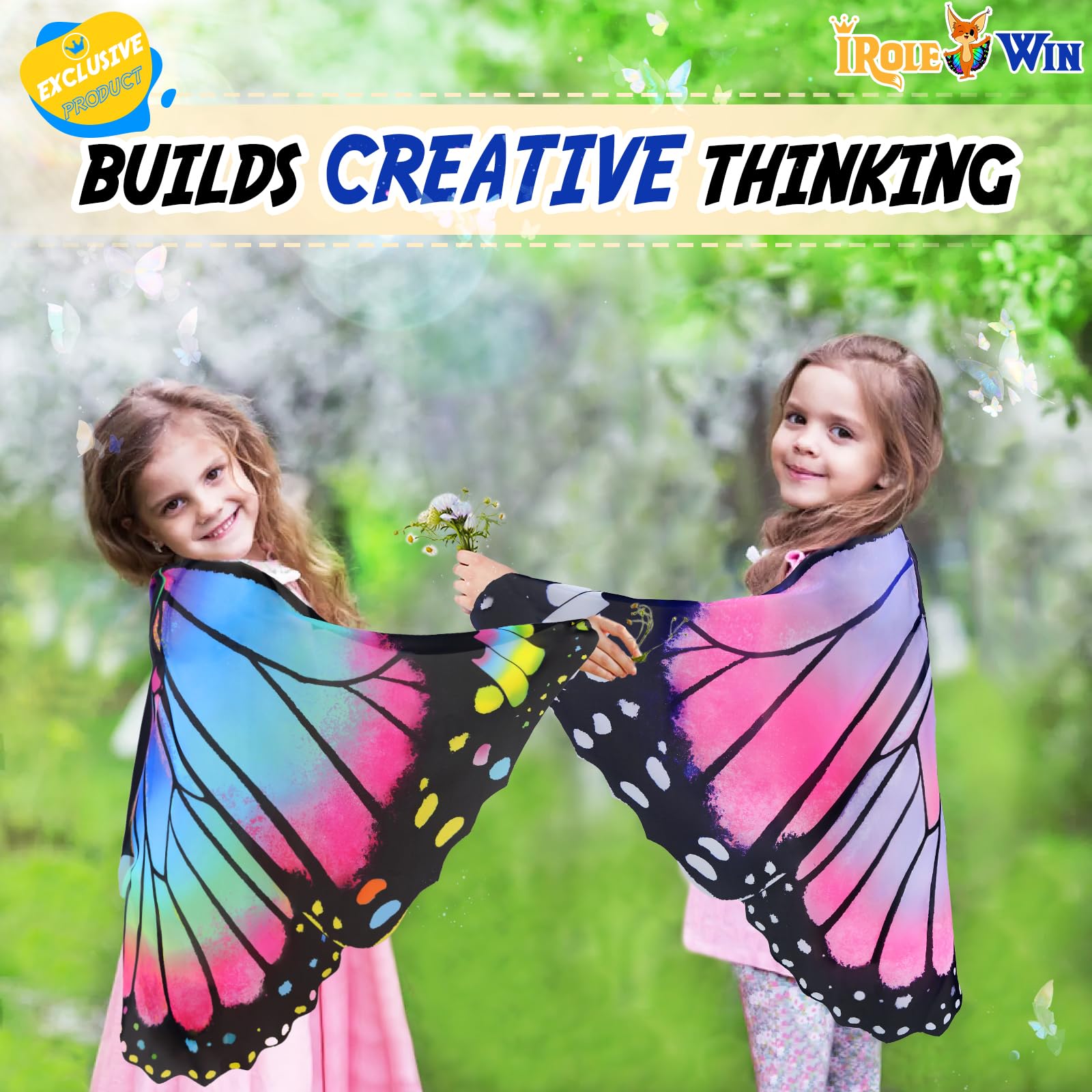 iROLEWIN Butterfly Wings Costume for Kids - Toddler Dress Up Wings for Girls & Boys, Play Toys & Party Favors - Perfect for Halloween, Birthday Parties & Pretend Play