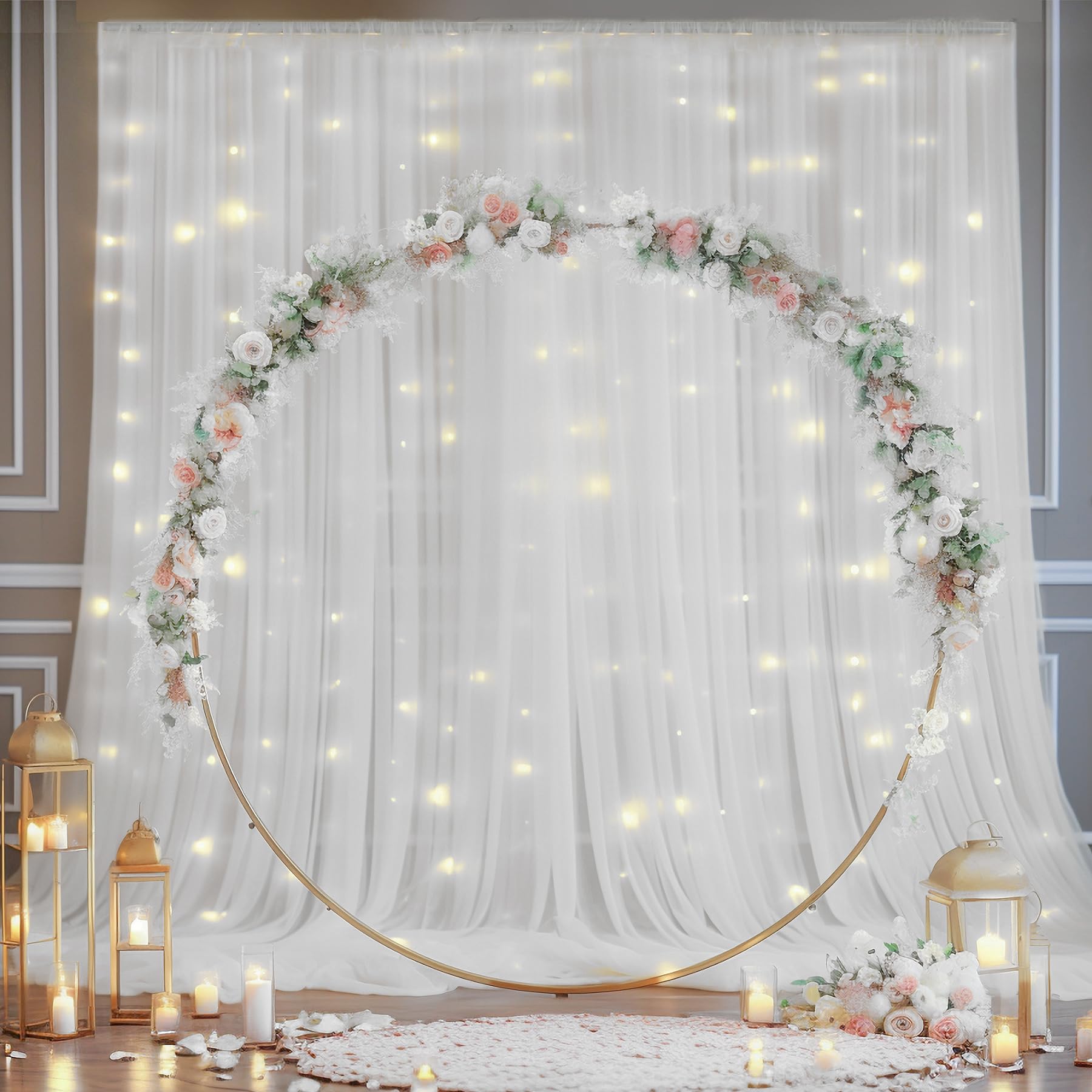10×10ft White Tulle Backdrop Curtain with Fairy Lights - Sheer Wedding Party Decor, Photo Booth Background, Birthday Celebration Drapes for Home & Event Decorations