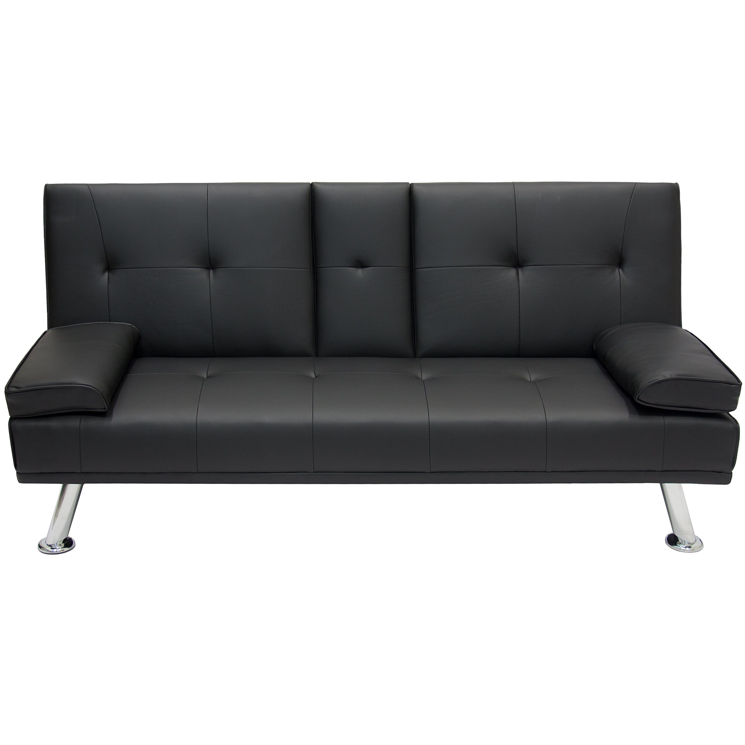 Modern Black Convertible Futon Sofa Bed - Foldable Recliner with Armrests & Cup Holders | Sleeper Couch for Living Room, Guest Room & Small Spaces | Includes Free Expert Setup Guide | Perfect for Apartments, Dorms & Home Theater Seating