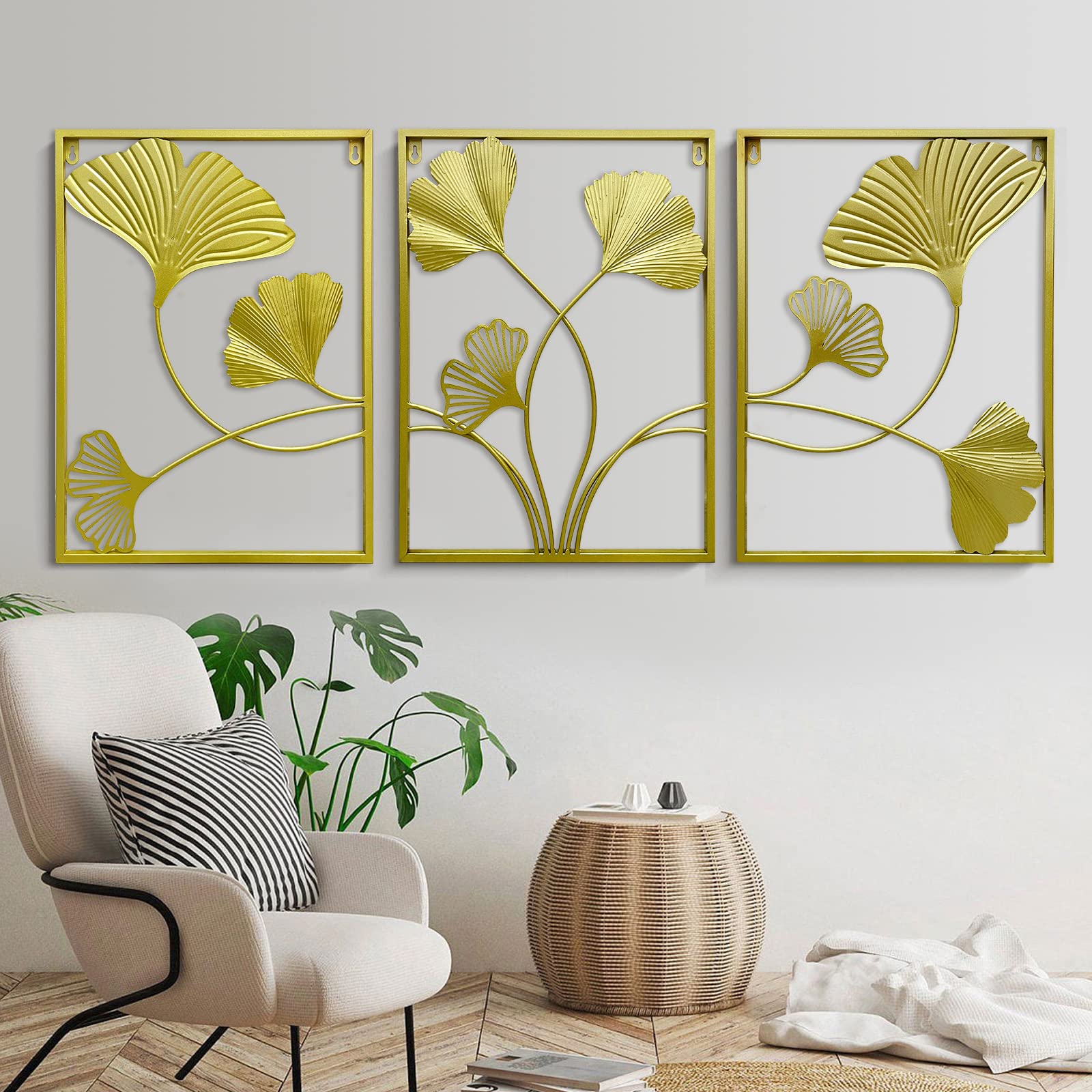 OIFLLES Gold Metal Wall Art Set of 3 - Golden Leaf Wall Decor with Frame for Home & Office | Elegant Interior Decoration, Housewarming Gift, Bedroom & Living Room Accents | Perfect for Modern, Boho & Farmhouse Decor Styles