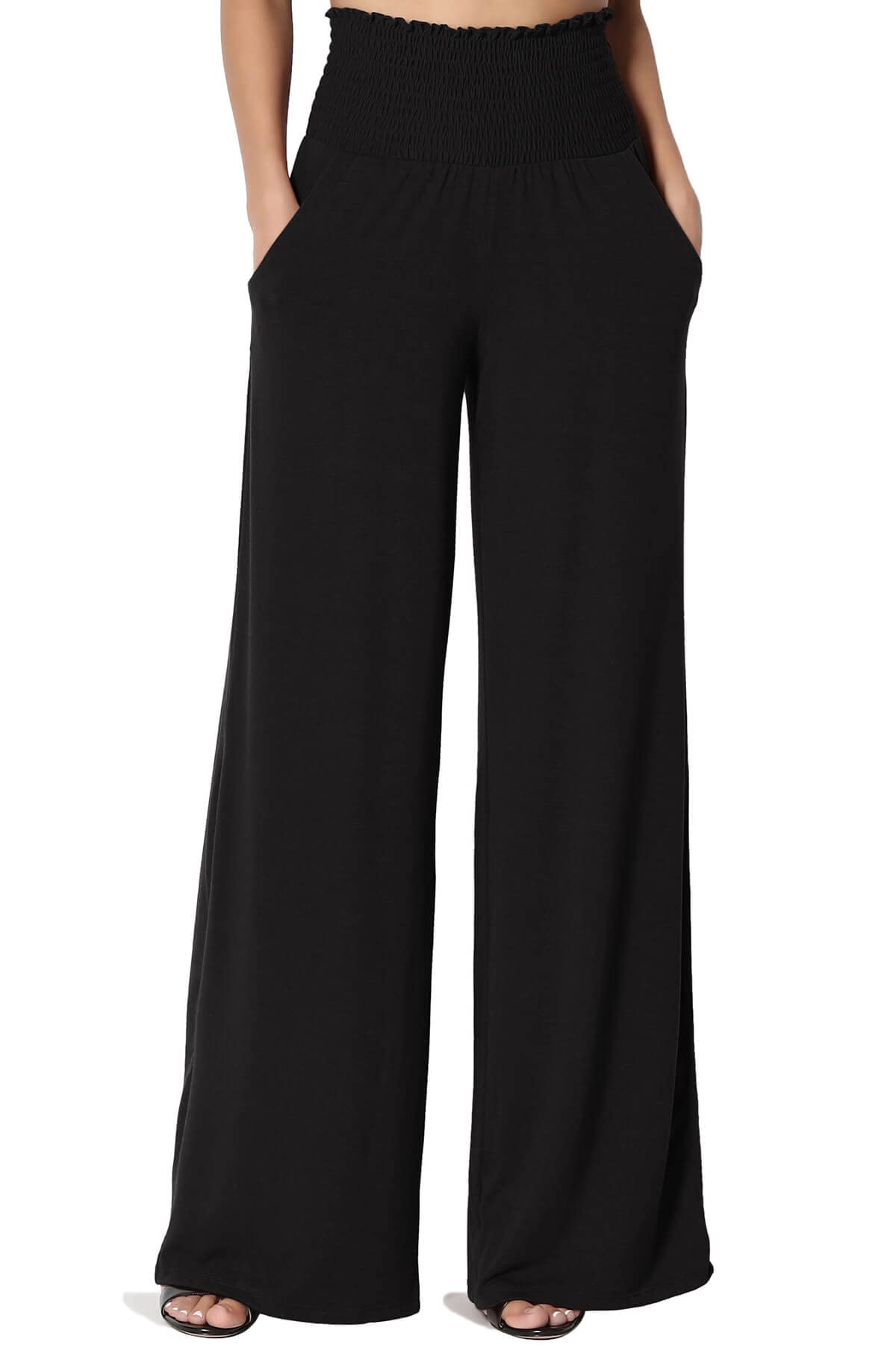 The Mogan S~3X Smocked High Rise Waistband Wide Leg Lounge Pants for Women - Comfortable Stretchy Joggers for Yoga, Home, and Travel