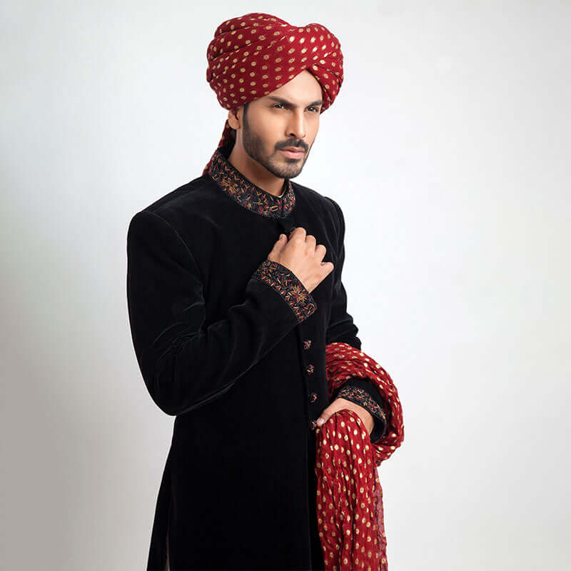 Premium Jet Black Velvet Sherwani for Men - Slim Fit Indian Wedding Attire for Groom & Party Wear