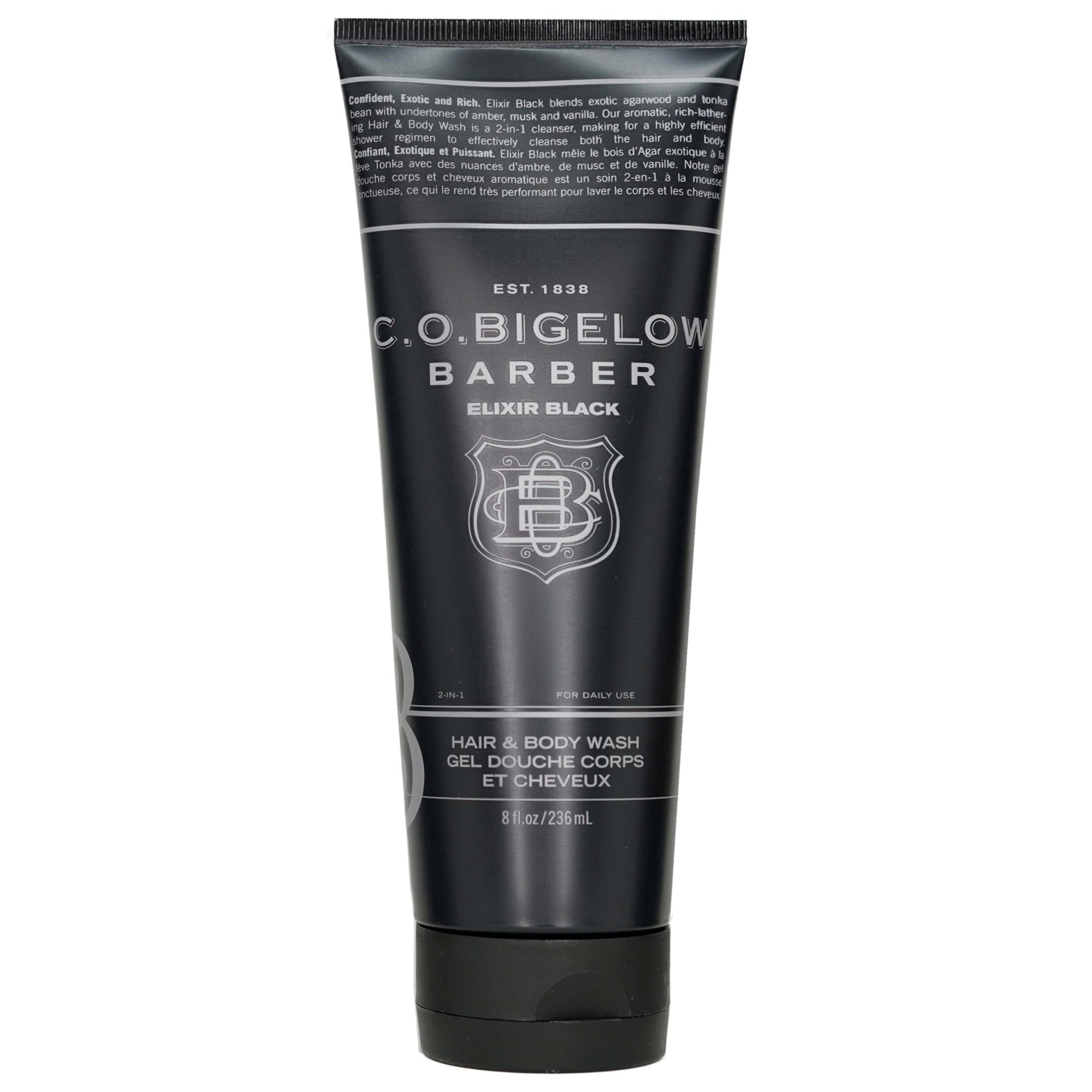 C.O. Bigelow Men's Hair & Body Wash - Elixir Black No. 1605 | 8 oz Musk & Vanilla Moisturizing Shampoo & Body Cleanser for Men | Gym, Travel & Daily Use