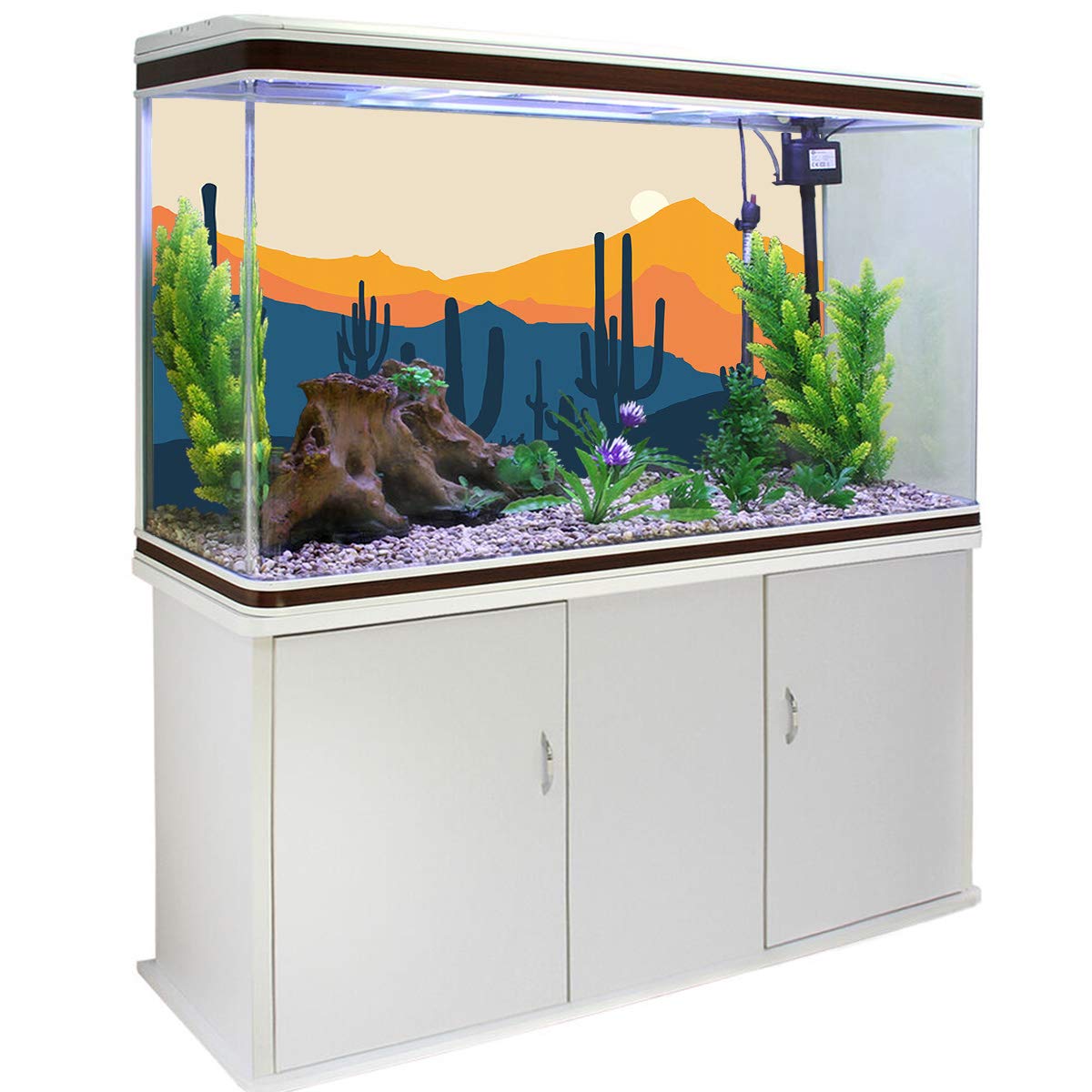 T&H XHome Aquarium Background Sticker - Cartoon Yellow Mountains Desert Sunset PVC Backdrop for Fish & Reptile Tanks (36.4