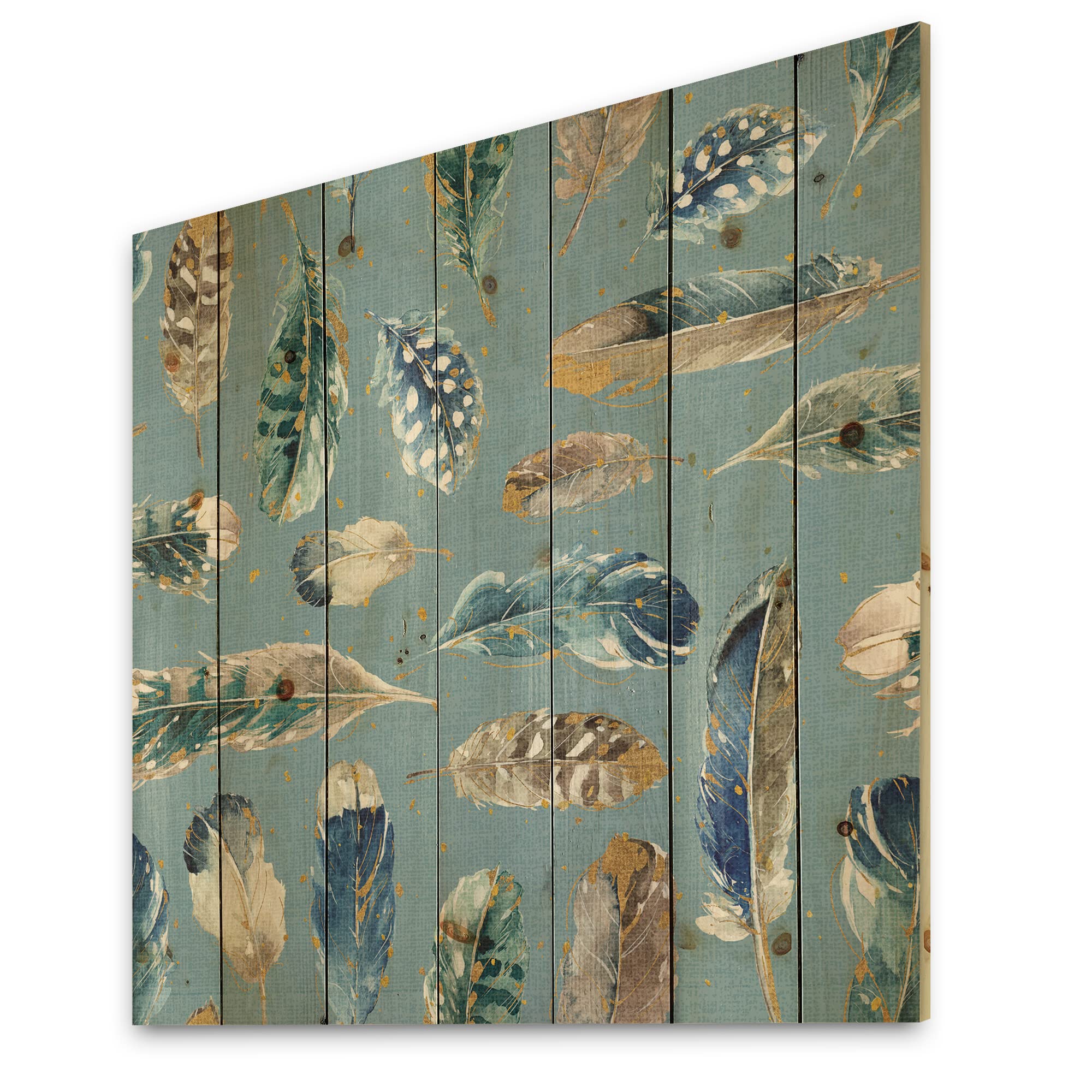 DesignQ Indigold Feathers Turquoise Pattern Traditional Wood Wall Decor - Handcrafted Blue Wood Wall Art with Large Animal Prints on Natural Pine Wood - Perfect for Bohemian Home Decor, Living Room Accent Wall & Bedroom Wall Art
