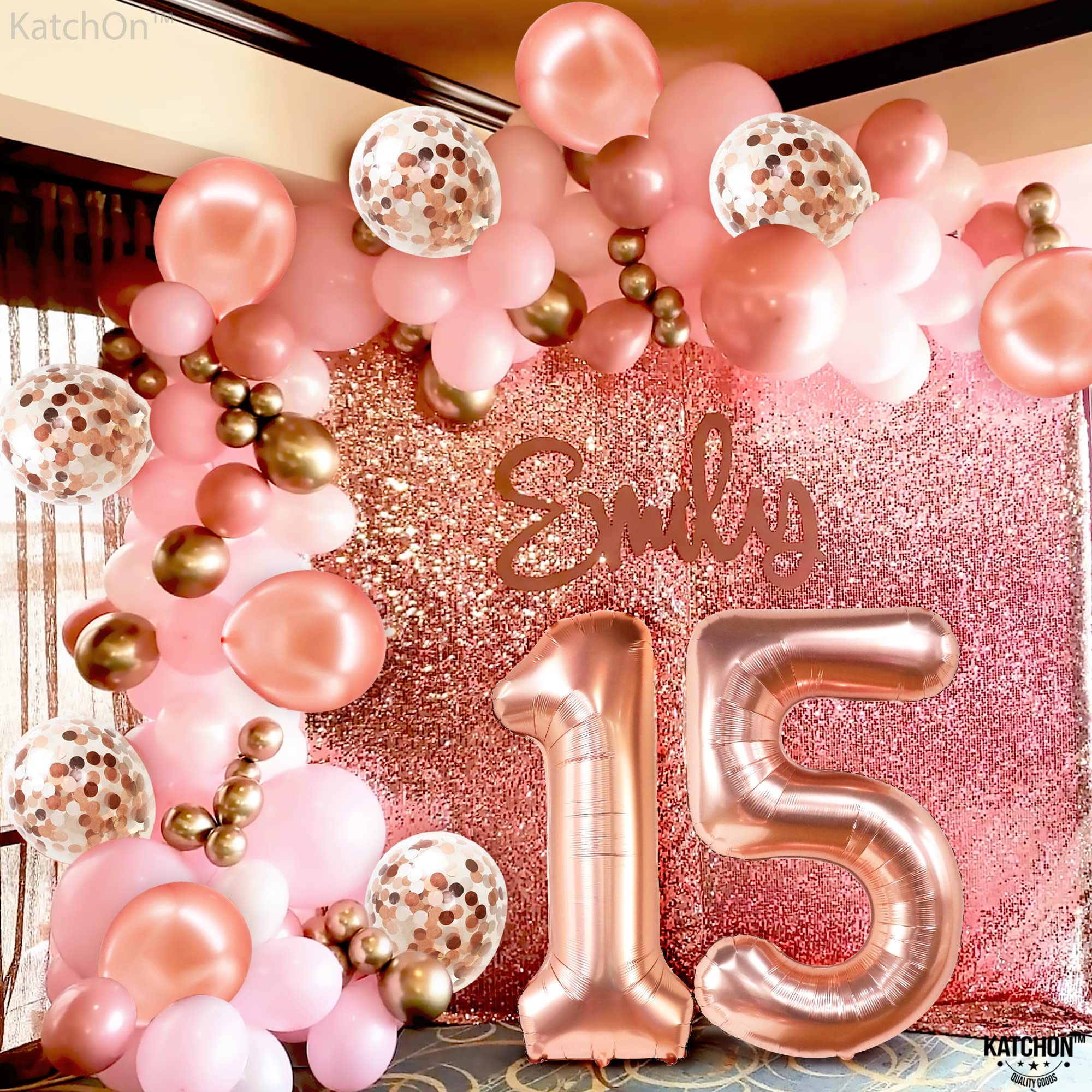 KatchOn 15th Birthday Balloons - 40 Inch Giant Rose Gold Number 15 with Confetti | Quinceañera & Sweet 16 Party Decorations | Perfect for Girls' Birthday Celebrations, Photo Backdrops & Milestone Events