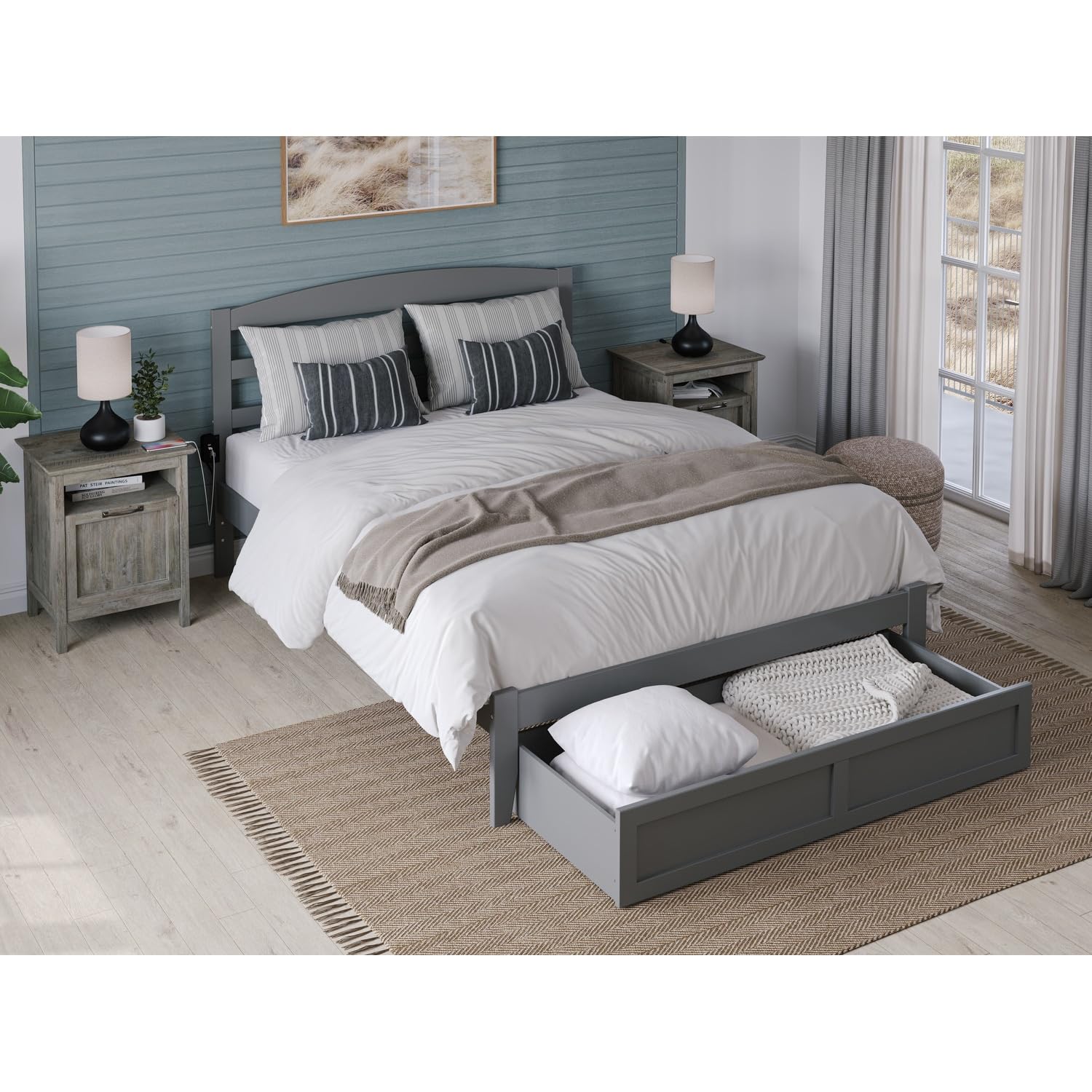AFI Warren Full Size Platform Bed Frame with Storage Drawer & USB Charging Station - Grey Modern Bedroom Furniture for Small Spaces & Guest Rooms