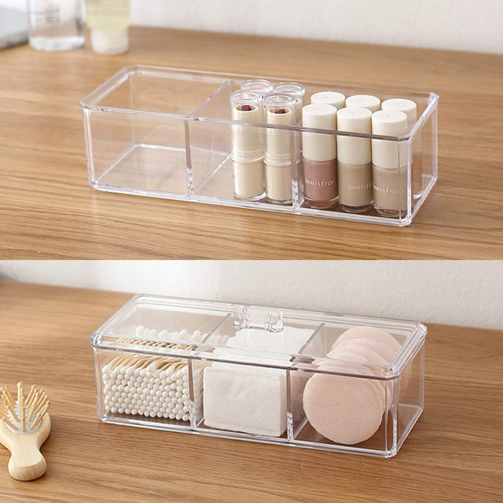 Acrylic Cotton Ball & Swab Organizer - 3 Compartment Dustproof Container for Makeup & Cosmetics - Bathroom & Vanity Storage