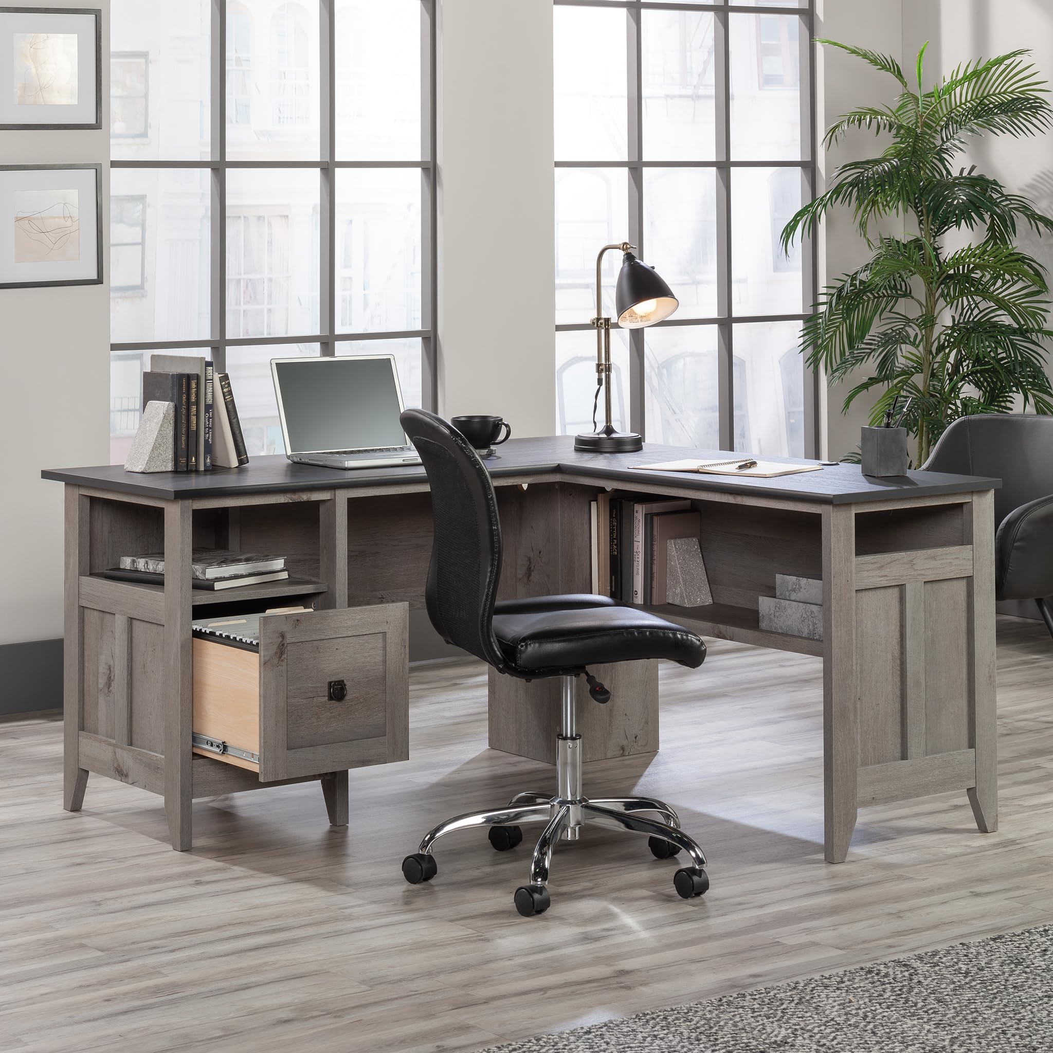 Sauder August Hill L-Shaped Farmhouse Office Desk - Corner Computer Desk with File Drawer & Cable Management in Mystic Oak Finish | Perfect for Home Office, Study Room & Small Spaces