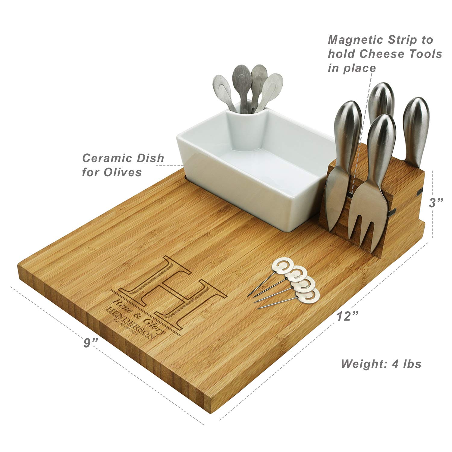 Personalized Engraved Bamboo Cheese Board Set with Ceramic Dish, Knives & Accessories - Perfect for Charcuterie, Wine Nights & Gift Giving | Picnic at Ascot USA