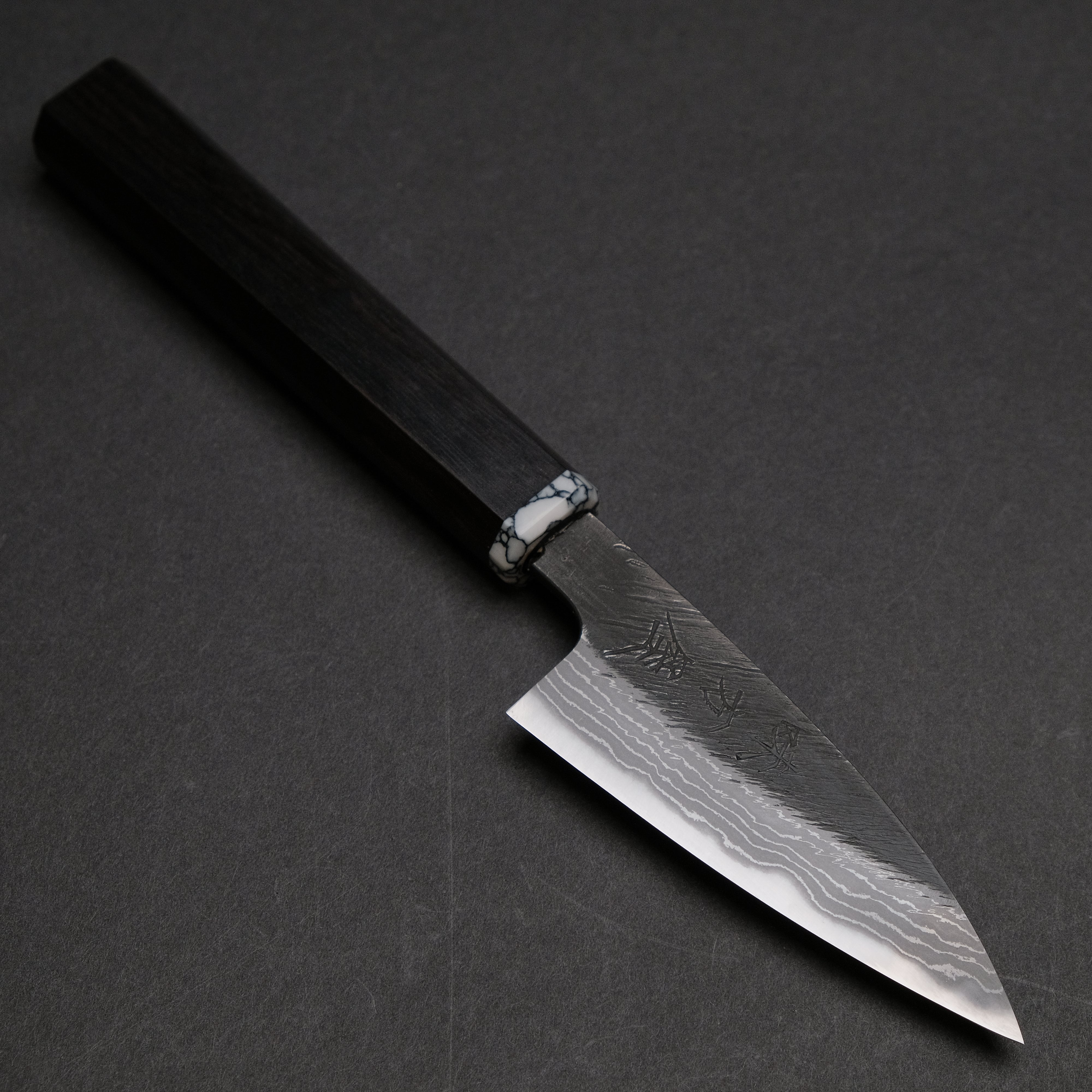 Premium Ajikataya White #2 Matsuba Damascus Petty Knife 80mm - Ebony & TQ Handle (#34) - Perfect for Slicing, Garnishing & Precision Kitchen Tasks