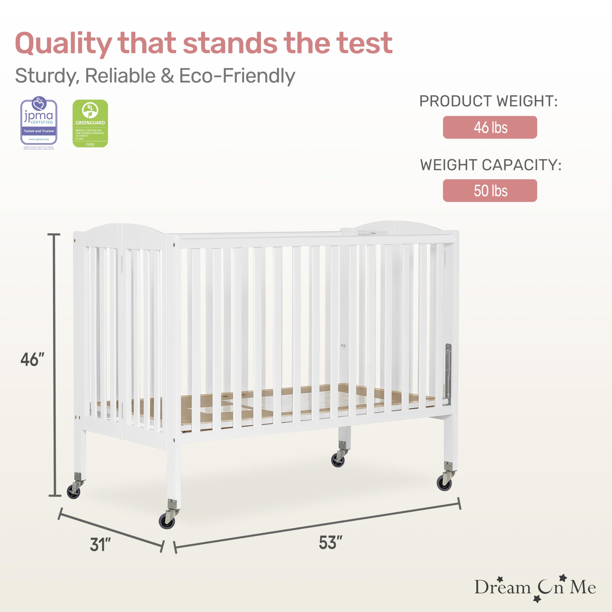 Dream On Me White Folding Full Size Crib with Adjustable Mattress Height & Heavy Duty Locking Wheels - Portable, Space-Saving Nursery Solution for Home & Travel