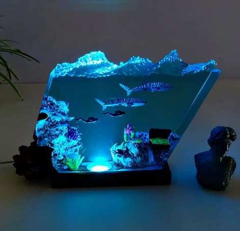 Whale Shark & Diver Resin Wood Night Light - 6x5 Inch Ocean Theme Desk Lamp, Marine Art Decor, Underwater Diorama for Bedroom, Living Room, Office & Gift