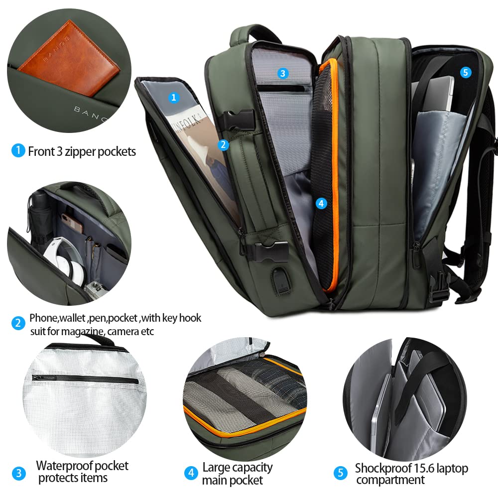 BANGE Expandable Travel Backpack 35L - Airline Approved Carry On Backpack for Women & Men, Waterproof Gym Backpack with Laptop Compartment - Perfect for Business Travel, Hiking & Daily Commute