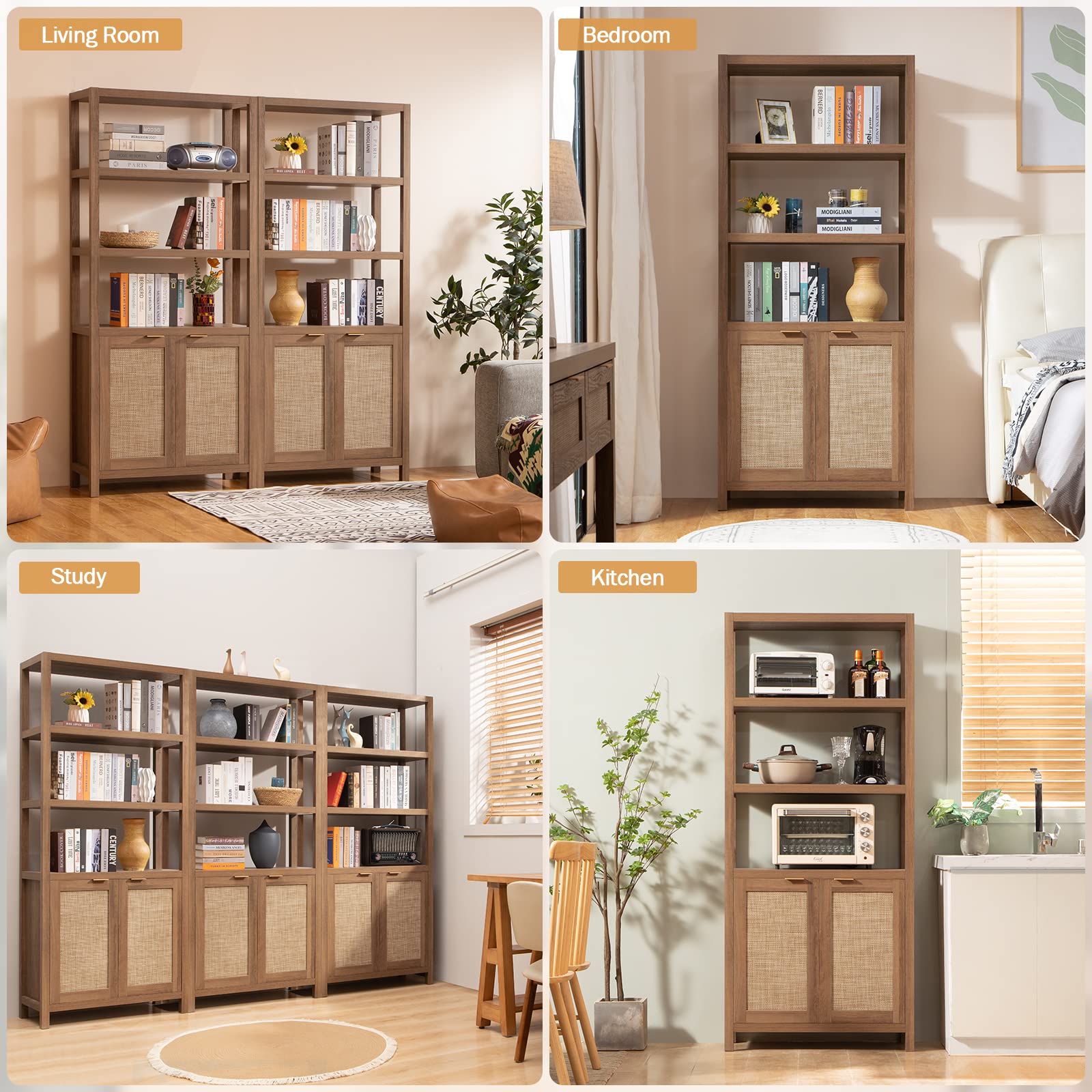 5-Tier Rattan Boho Bookshelf with Doors - 71
