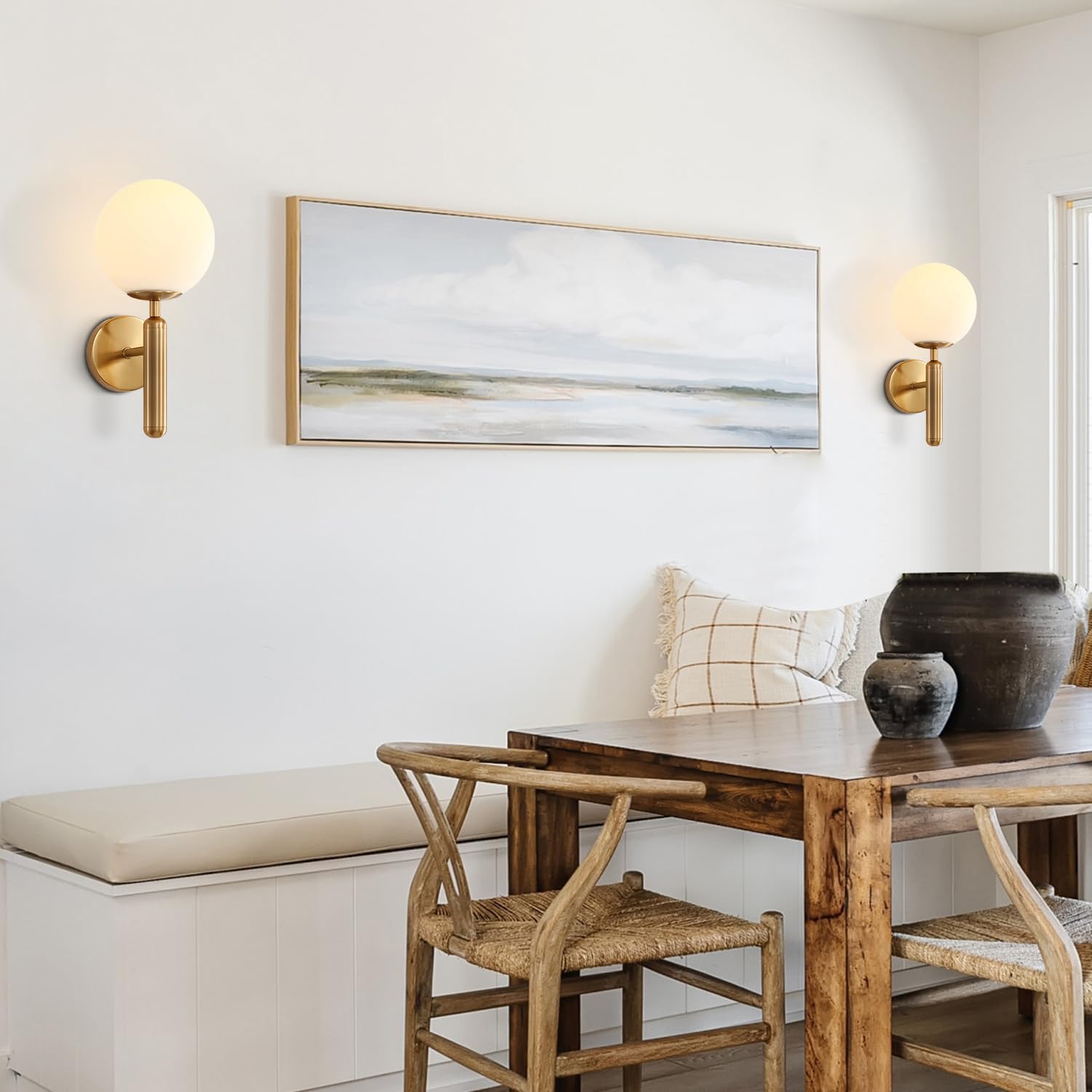 KCO Lighting Brass Wall Sconces - Set of 2 Modern Milk Glass Globe Lights with Brushed Gold Finish | Mid-Century Bedside & Bathroom Wall Light Fixtures for Home Decor