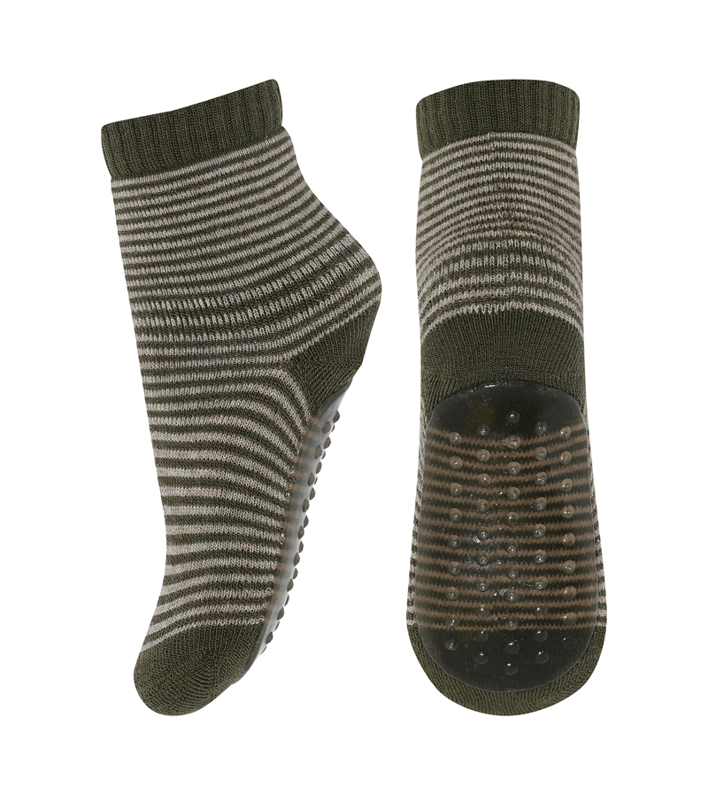 Vilde Anti-Slip Ivy Green Striped Wool & Cotton Socks by mp Denmark - Cozy & Warm Winter Socks for Women, Perfect for Home, Office & Outdoor Activities