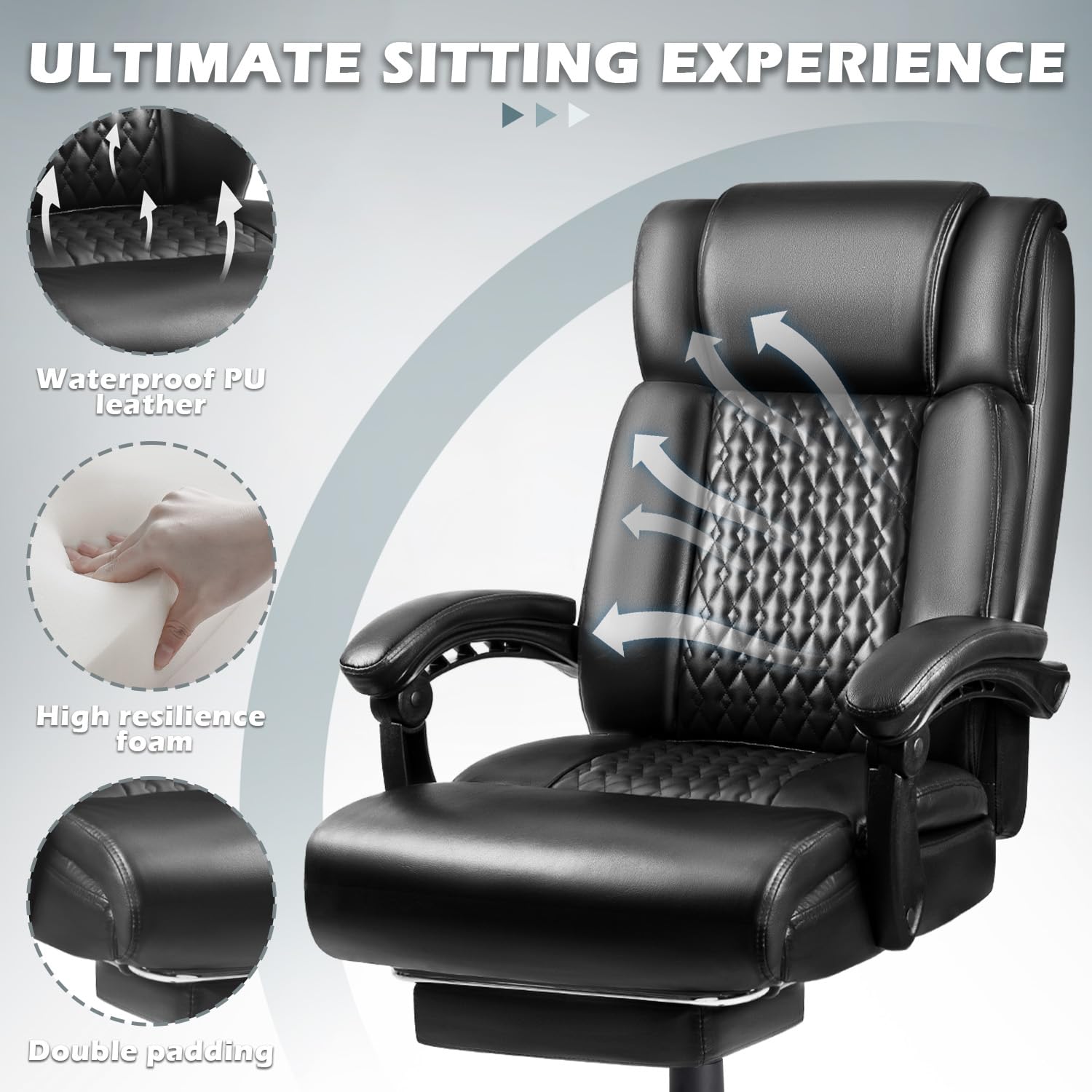 Big and Tall Office Chair with Footrest 400lbs - Heavy Duty Executive Leather Chair for Heavy People - Ergonomic High Back Desk Chair with Lumbar Support - Comfortable for Long Hours - Perfect for Home Office, Gaming, and Workspaces (Black)