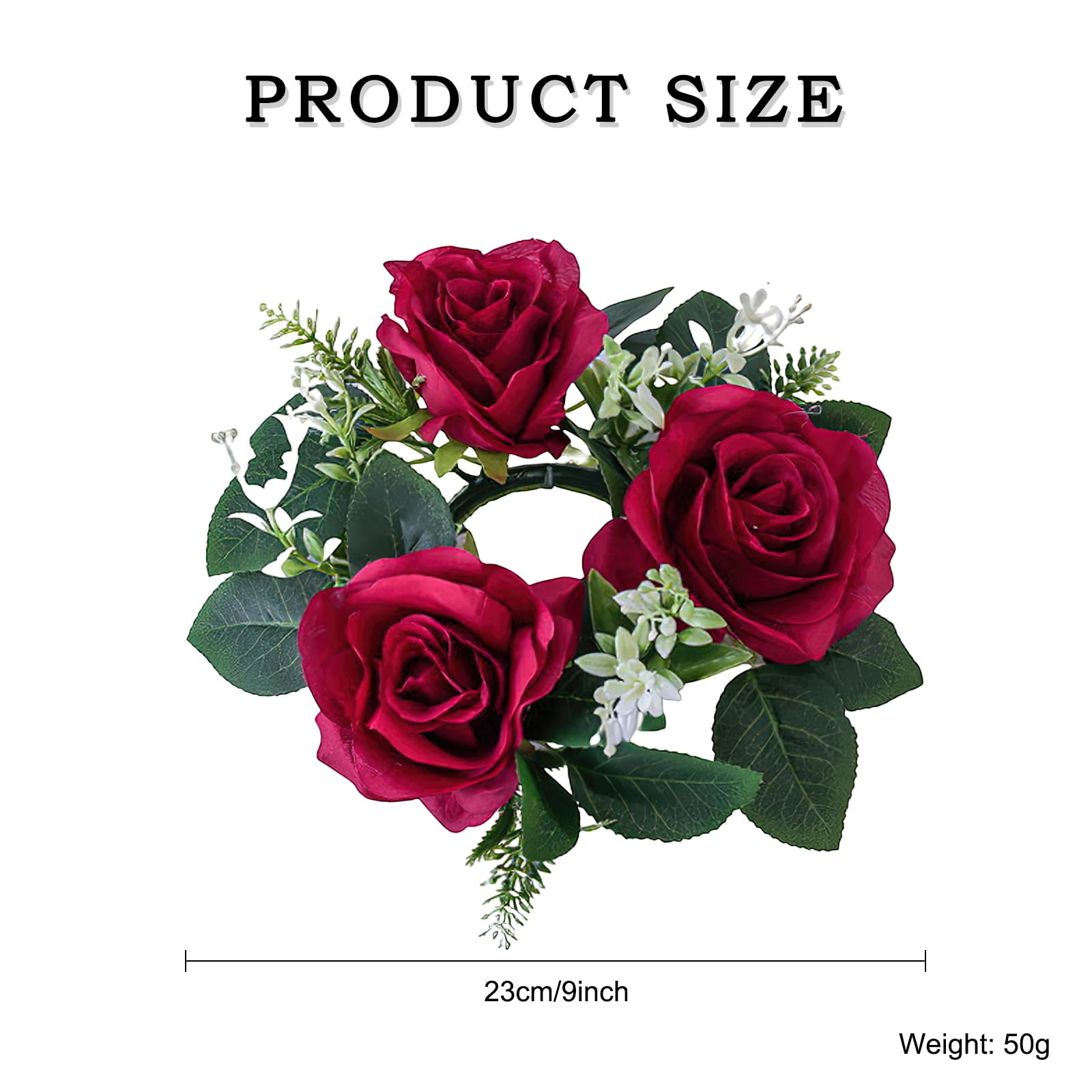 Valentine's Day Red Rose Candle Ring Wreath - Artificial Silk Rose Flowers with Green Leaves for Wedding, Home Party, Table Centerpiece Decor - Romantic Candle Holder Wreath for Anniversary, Dinner Party & Holiday Decorations